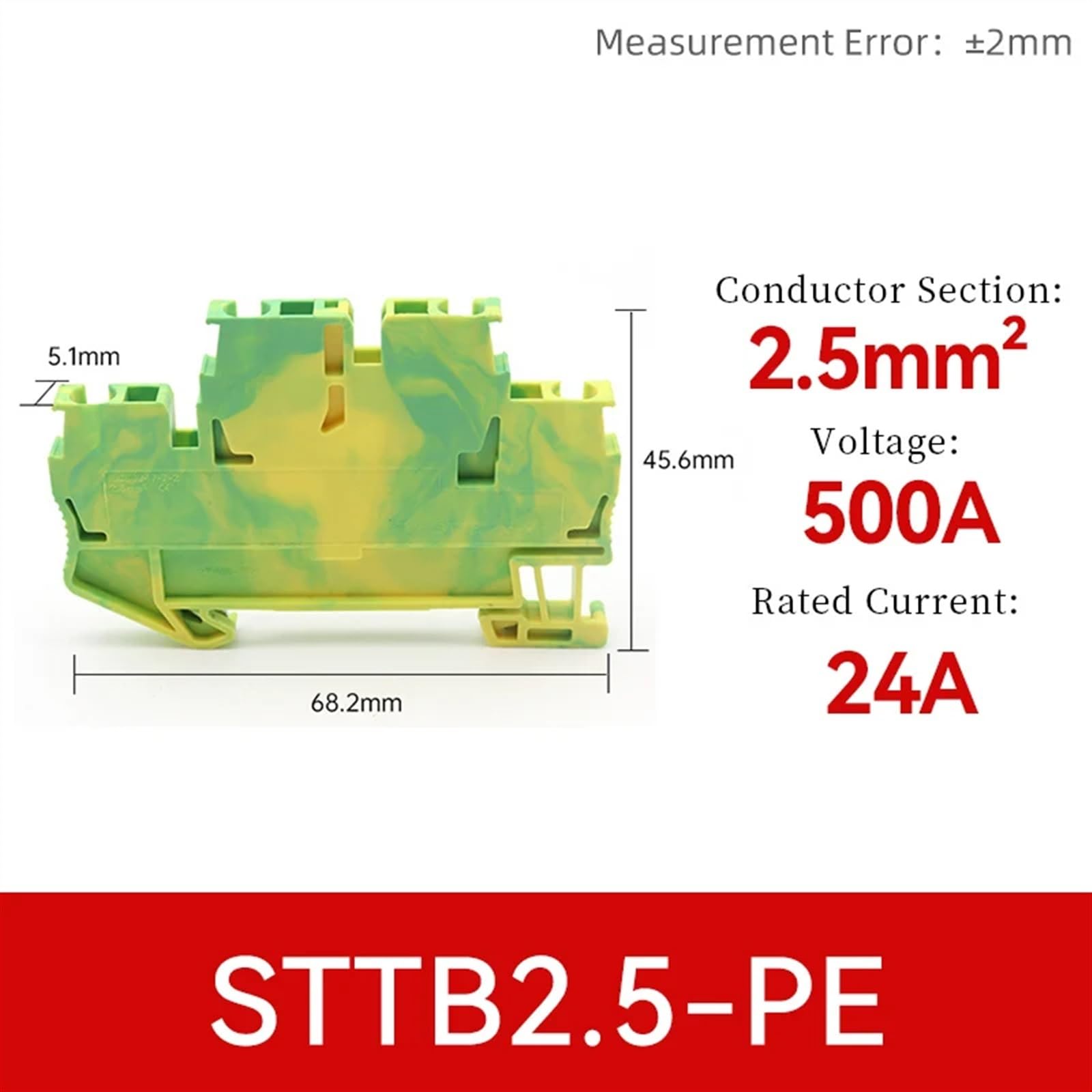 Bornier sur Rail DIN ST, borne de terre à ressort 500V 800V 1000V 17,5a 31A 40A 50A 57A, connecteurs de fil électrique, 10 pièces(STTB2.5-PE)
