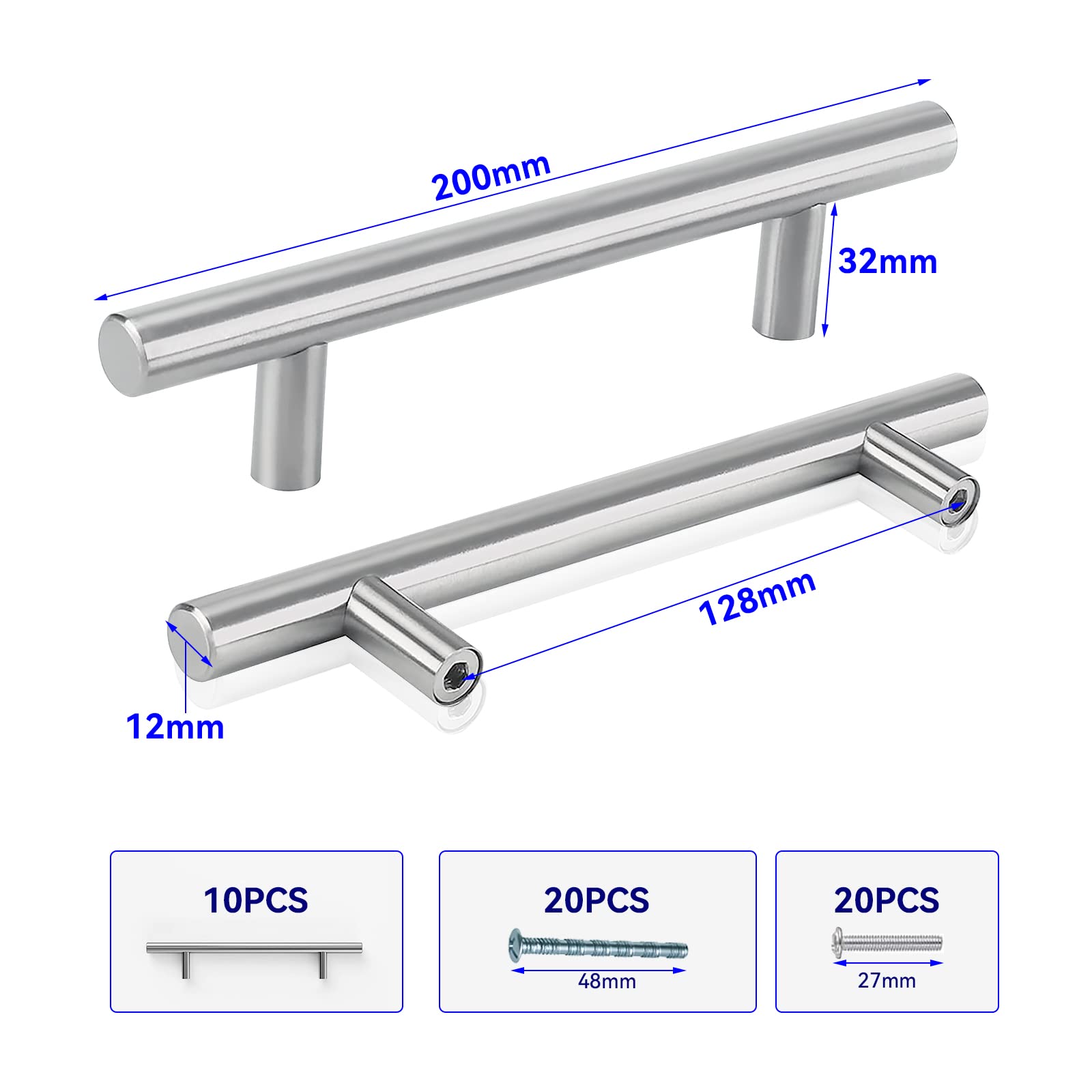 Wakects 10 stuks holle T-stang handgrepen, meubelgrepen, T-vorm roestvrij staal, holle boorgatafstand 128 mm roestvrijstalen handgrepen, meubels voor laden, keukenkast, badkamermeubel (zwart
