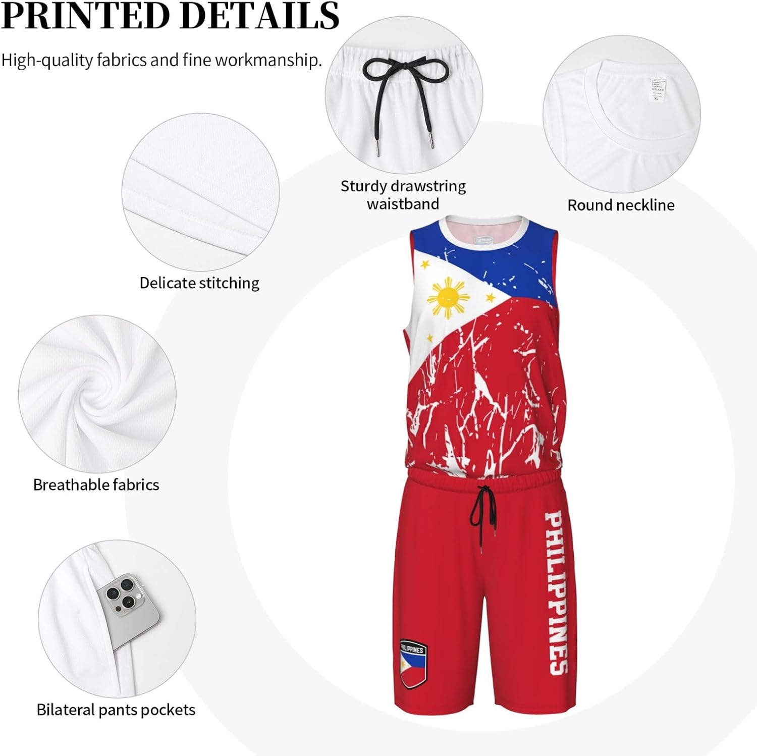 Philippines Flag Grain (3) Basketball Jersey Uniform Suit for Men Adults Training Athletic Set