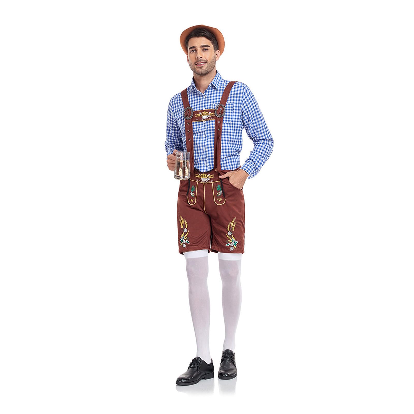 Lederhose Herren Set, Lederhosen Herren Lang Trachten Trachtenlederhosen Kurz Trachtenhose Vintage Trachtenlederhose Oktoberfest Men Outfit Hose + Hemd + Mütze