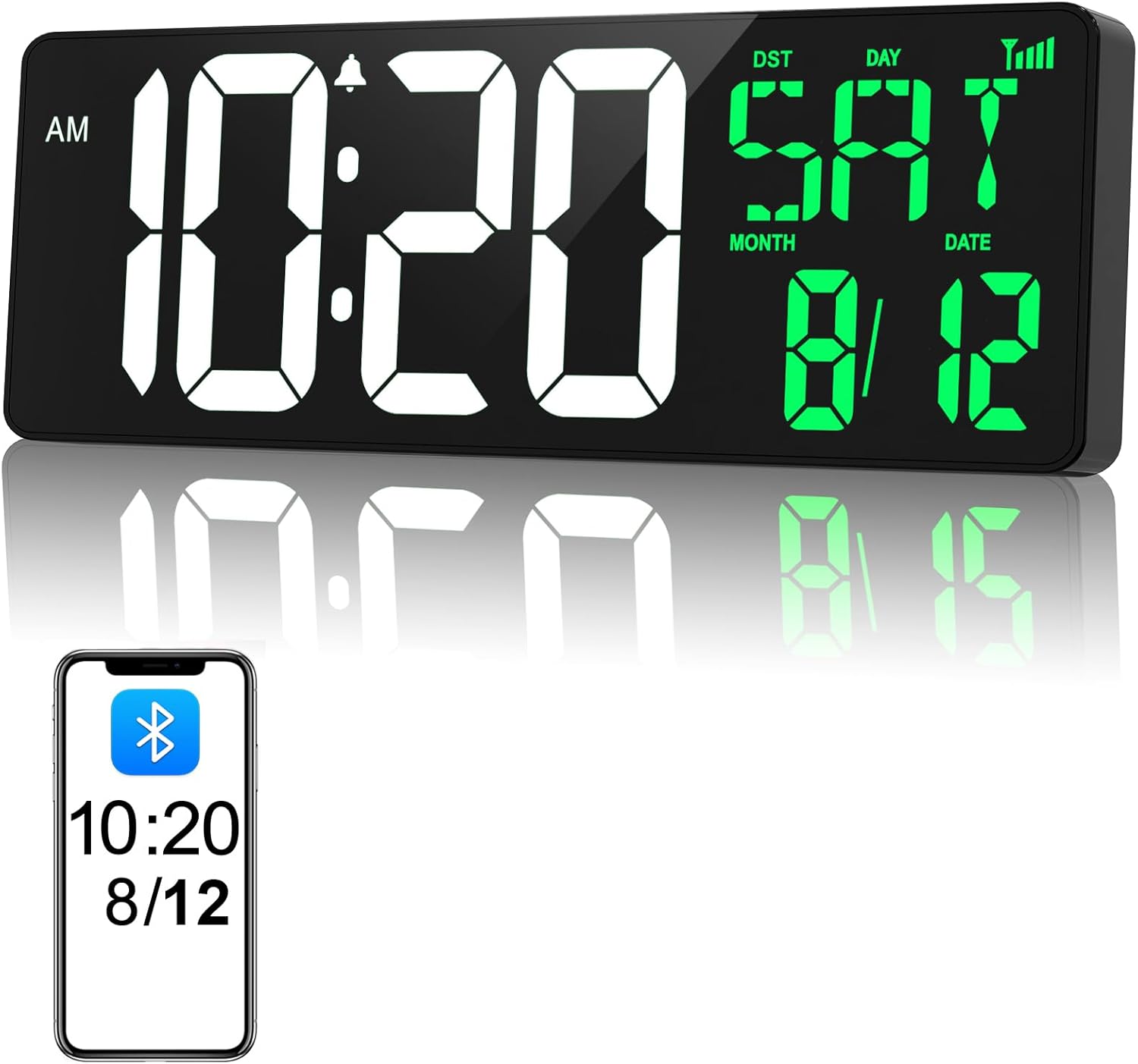 17 Inch Digital Wall Clock Large Display Bluetooth Sync Time, Auto-Dimming Large Digital Wall Clock with Remote, Date/Week/Temperature/DST, Plug-in Large Digital Clock for All Large Spaces Use, Gift Upgraded Model (Green)