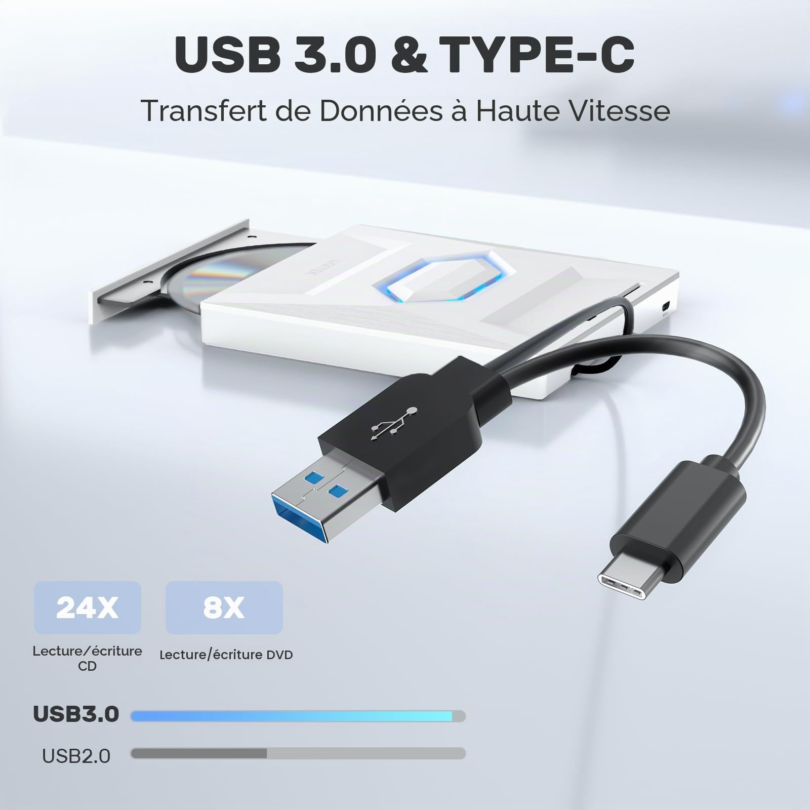 UNITEK Lecteur CD/DVD Externe USB C Lecteur DVD Portable avec emplacements pour Carte SD 3 Ports USB Graveur CD ROM Lecteur de Disque Externe Optique Compatible avec Ordinateur Portable de Bureau Mac