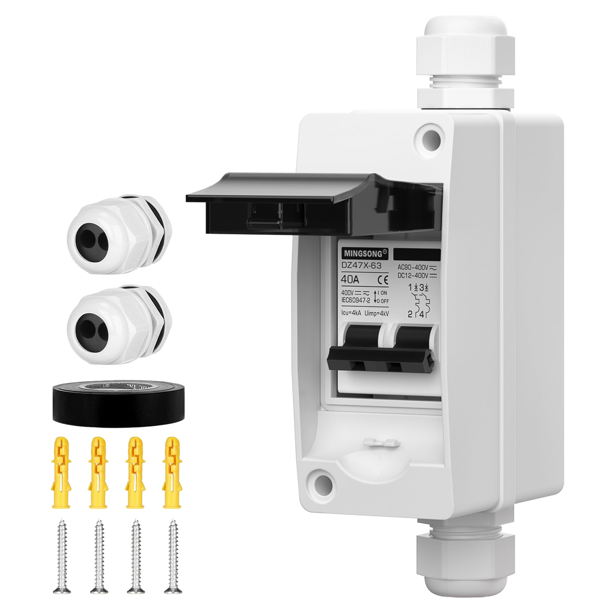 MINGSONG DC Solar Panels Disconnect Switch 40 Amp AC Circuit Breaker Box 400V 2 Poles IP65 Waterproof UV-Proof Outdoor Small Breaker Box for Solar PV