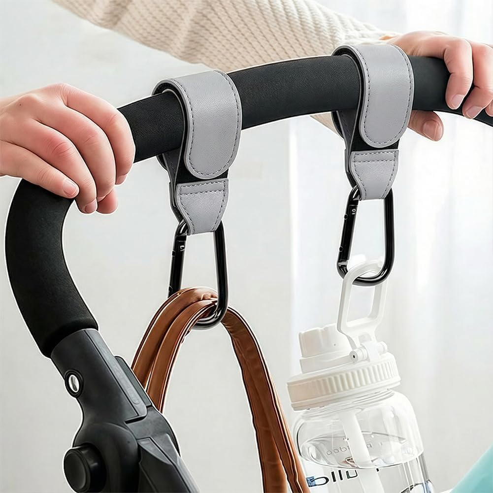 2 Pcs Baby Stroller Hooks, Bag Hooks for Hanging Diaper Bags, Multipurpose Hooks for Grocery Shopping Bags,Premium Vegan Leather Pram Straps (Black) - 5