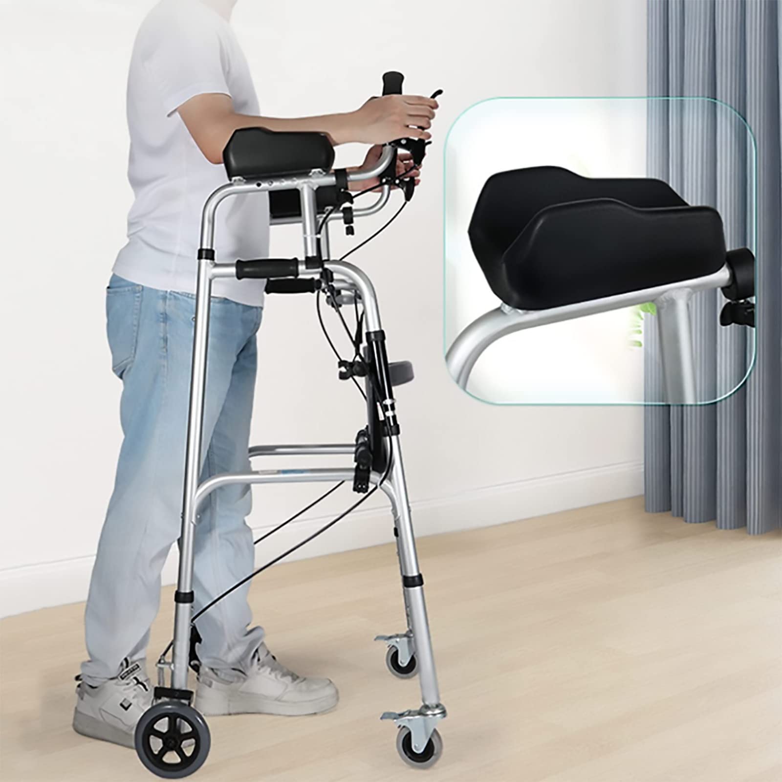 Andadores para discapacidad, andadores para Personas Mayores Andador de Aluminio de 4 Ruedas con Asiento y Cesta Ligero Plegable con apoyabrazos