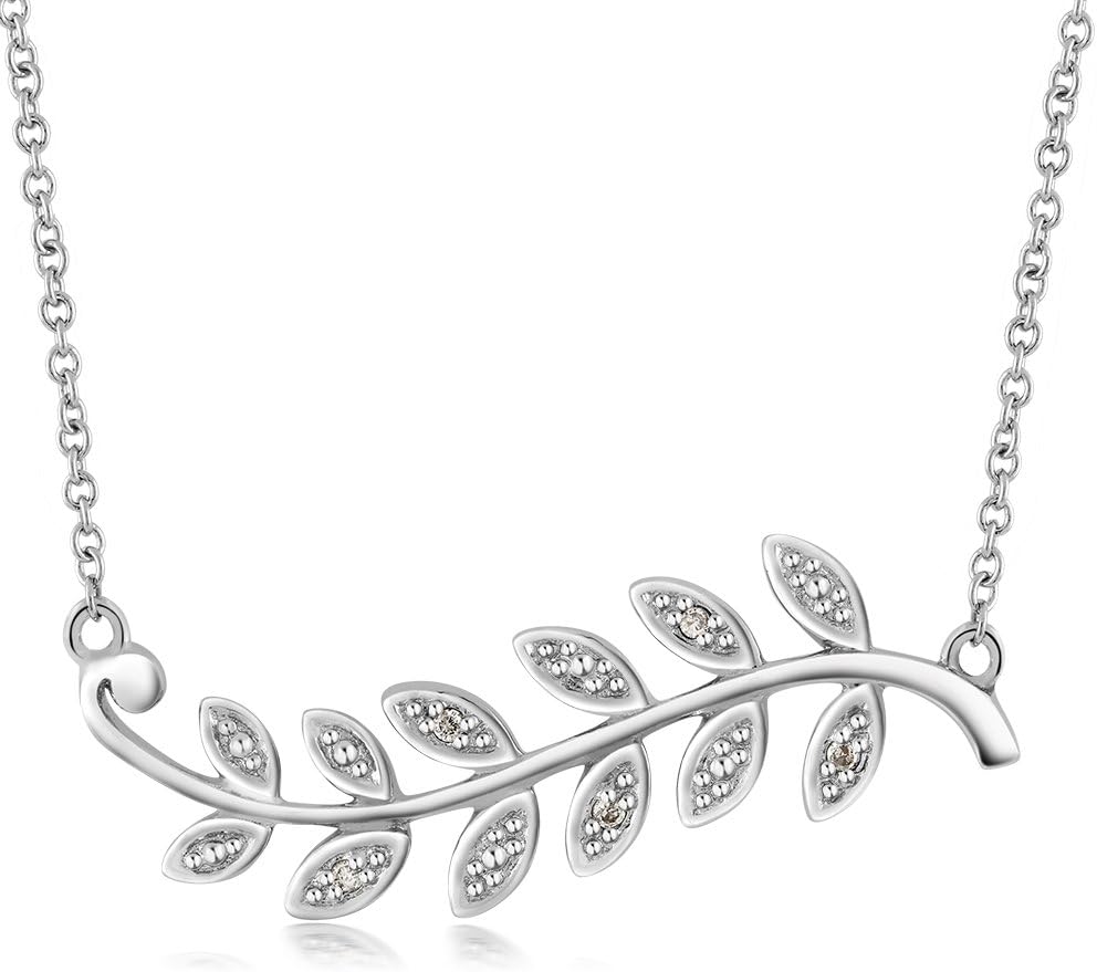 Gemstoneking 925 Sterling Silver Diamond Olive Branch Leaf Pendant Necklace for Women with 16 Inches Cable Chain and 1 Inch Extender