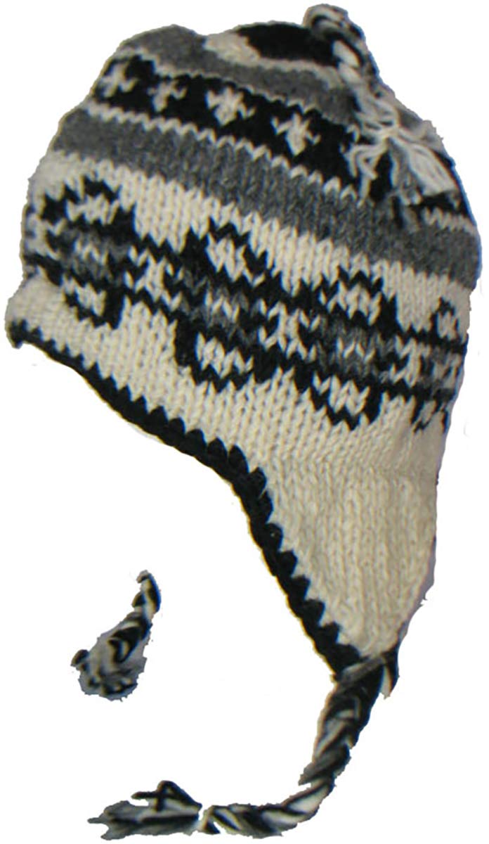 WOOL CHULLO FLEECE LINED SKI HAT TOQUE WITH EAR FLAPS WINTER KNIT BEANIE MOUNTAINEERING SKULL CAP (WHITE / GREY - BLACK OVAL)