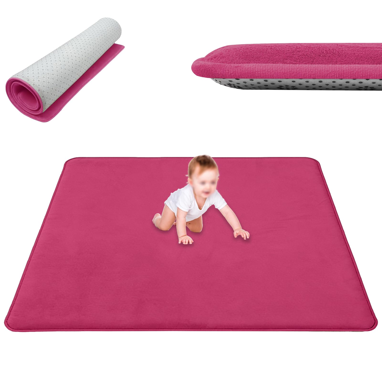 Baby Crawling Mat Large Coral Velvet Baby Play Mat 2 cm Thick Playmat for Babies, Nursery Rug for Toddlers Infants Non-Slip Area Rug Activity Floor Mat for kids Playroom Bedroom Rose Red 120 x 150 cm