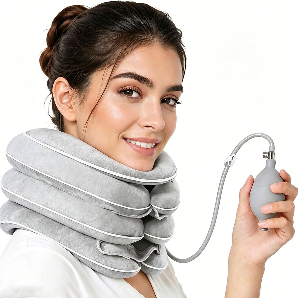 Gonfiabile per la trazione cervicale con design di allungamento a 3 strati e mentoniera, cuscino cervicale per alleviare il dolore, supporto per il collo, per la casa in viaggio (grigio chiaro)