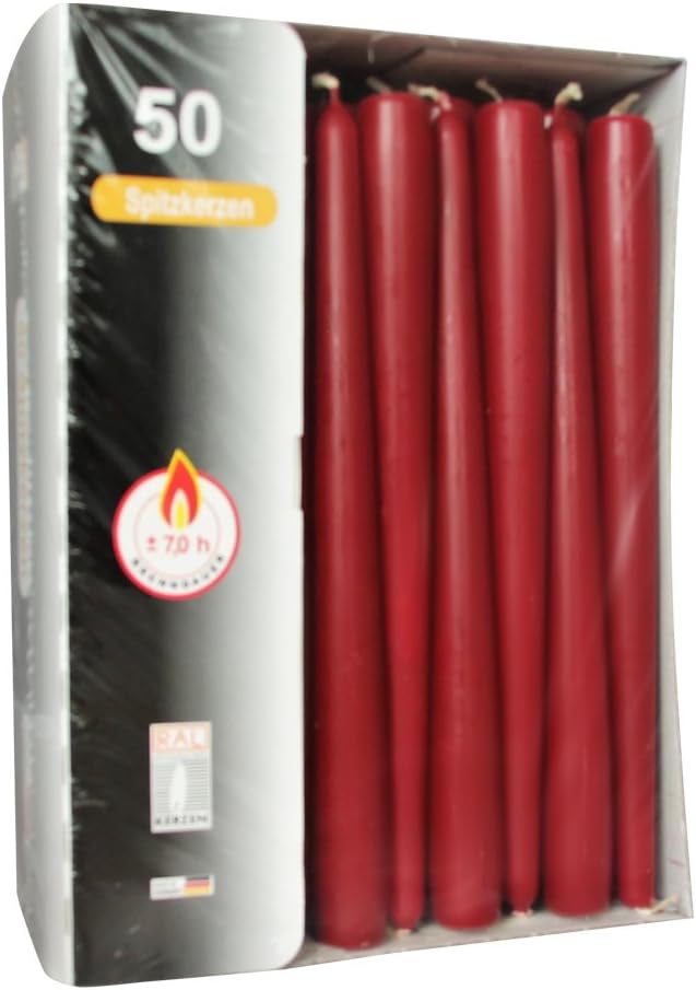 Box of 50, Burgundy 25cm Tapered Dinner Candles. For Home/Restaurant/Events