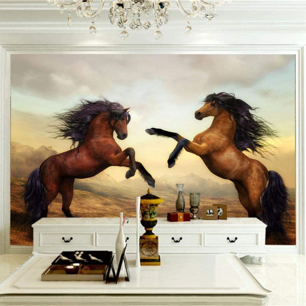 Arte Moderno 3D Mural Wallpaper, Animal Marrón Pareja Caballo Murales De Pared 3D Espacio Grande Papel Tapiz Decoración Pinturas, Sala De Estar Tv Bar Ktv Telón De Fondo Dormi 300(ancho)x210(alto)cm