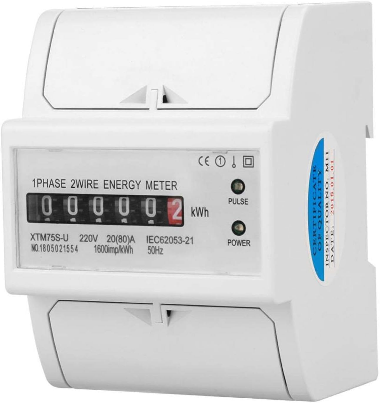 CYTGOUPER XTM75S-U Single Phase Electricity Meter, 1 Phase 2 Wire 4P Din Rail Electric Meter, 5 and 1 Digits LCD Display Electricity Usage Monitor for Home Industrial (20(80) A)