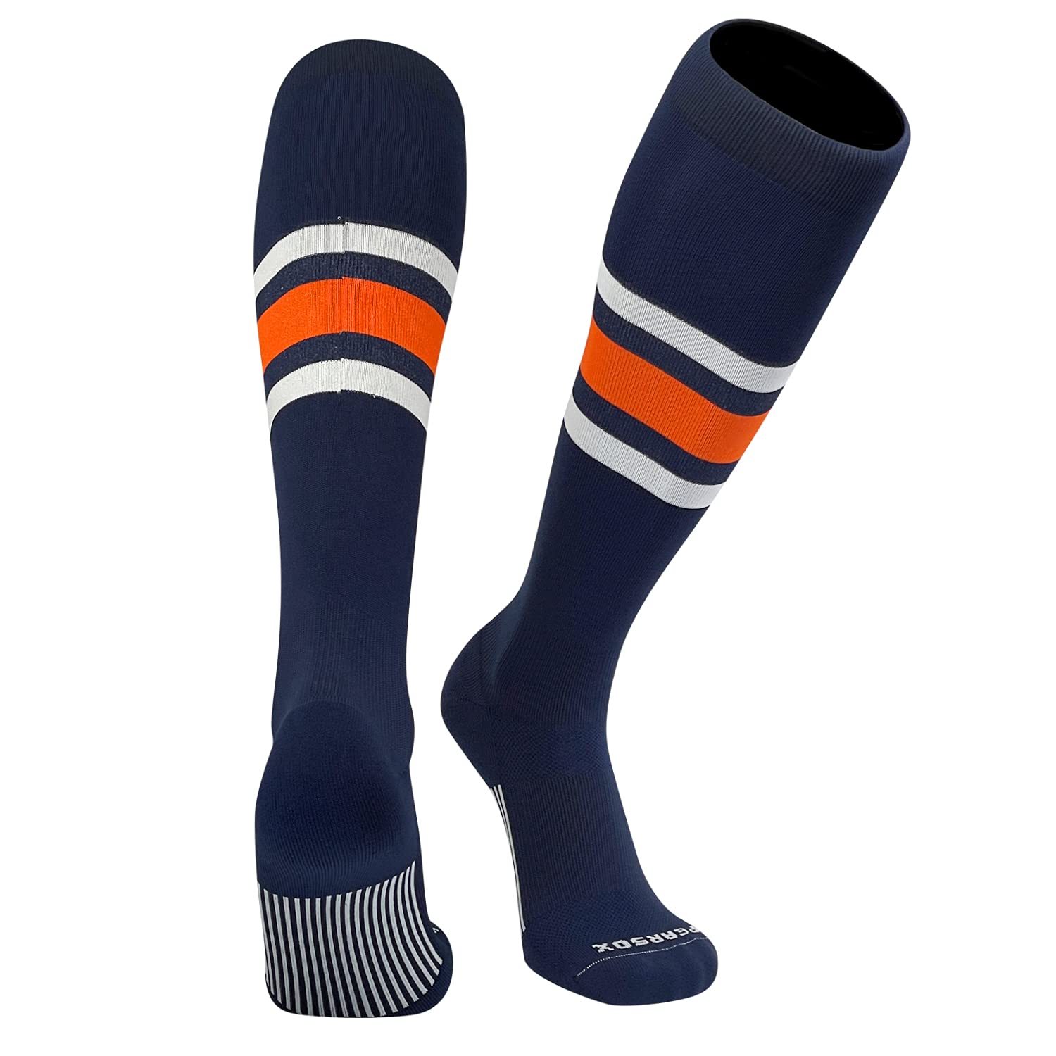PEAR SOXStriped OTC Baseball, Softball, Football Socks (B) Navy Blue, White, Orange