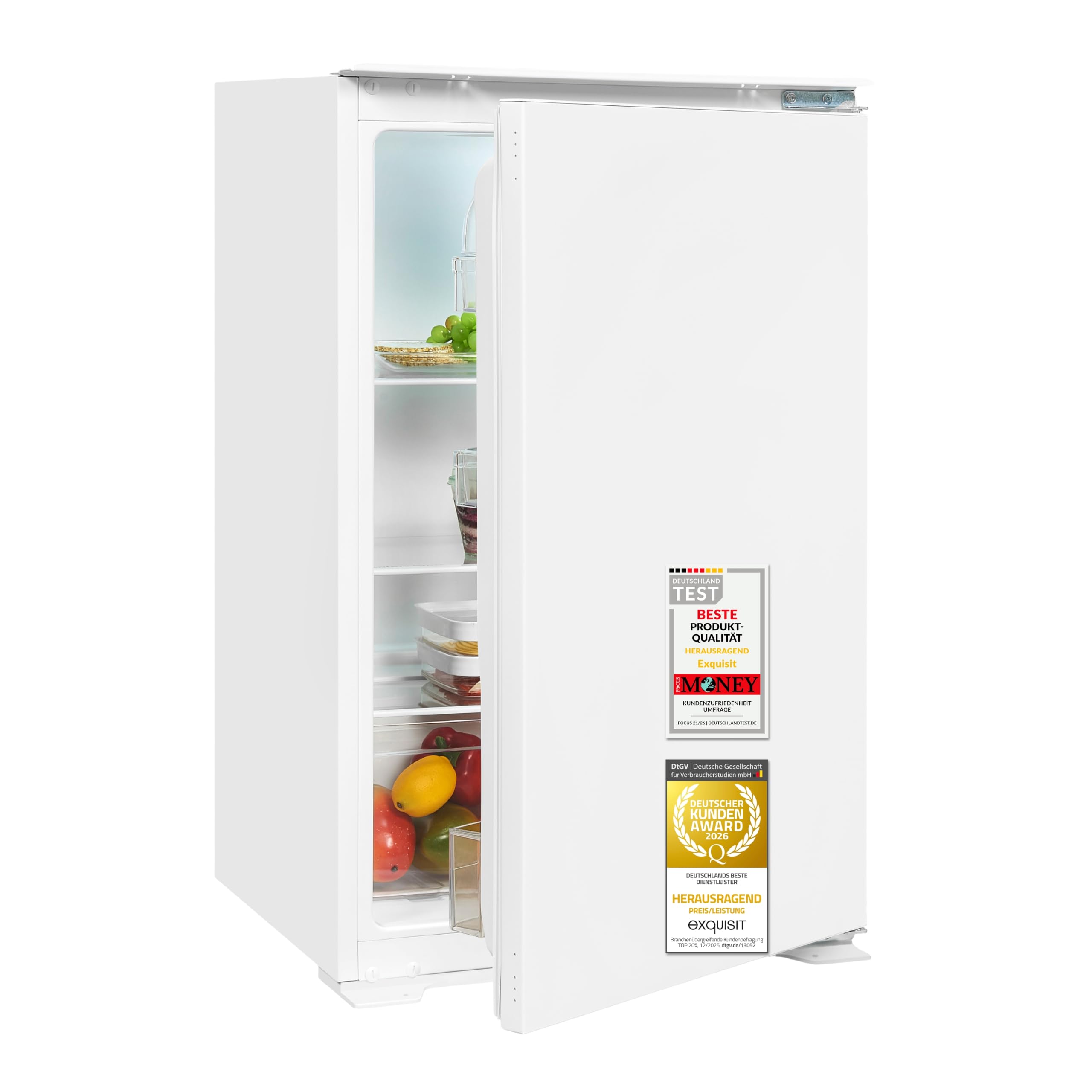 Exquisit EKS131-V-040F EEK: F Frigorifero da incasso senza congelatore, altezza nicchia 87,8 cm, 129 l, tecnologia porta a traino, LED, bianco