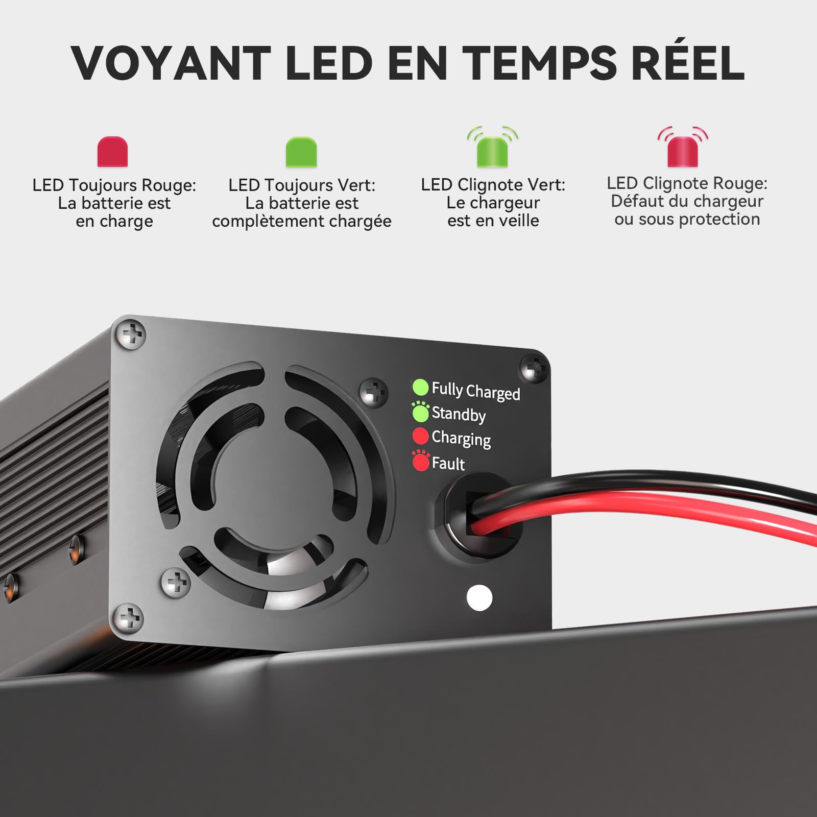POWER QUEEN Chargeur de Batterie au Lithium 14,6V 20A, pour Les Batteries LiFePO4, LED pour Afficher l'Etat de Charge, Chargeur Batterie 12V avec 4 Fonctions de Protection | Activation 0 V, charge rapide, charge à 3 niveaux, indicateur LED, connecteur And