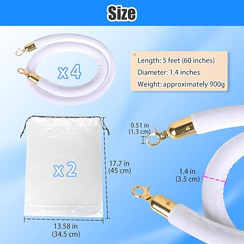 Miniatura 2 de Hokimder - 4 cuerdas de terciopelo blanco de 5 pies con ganchos dorados pulidos, cuerdas de barrera de control de multitudes para eventos de