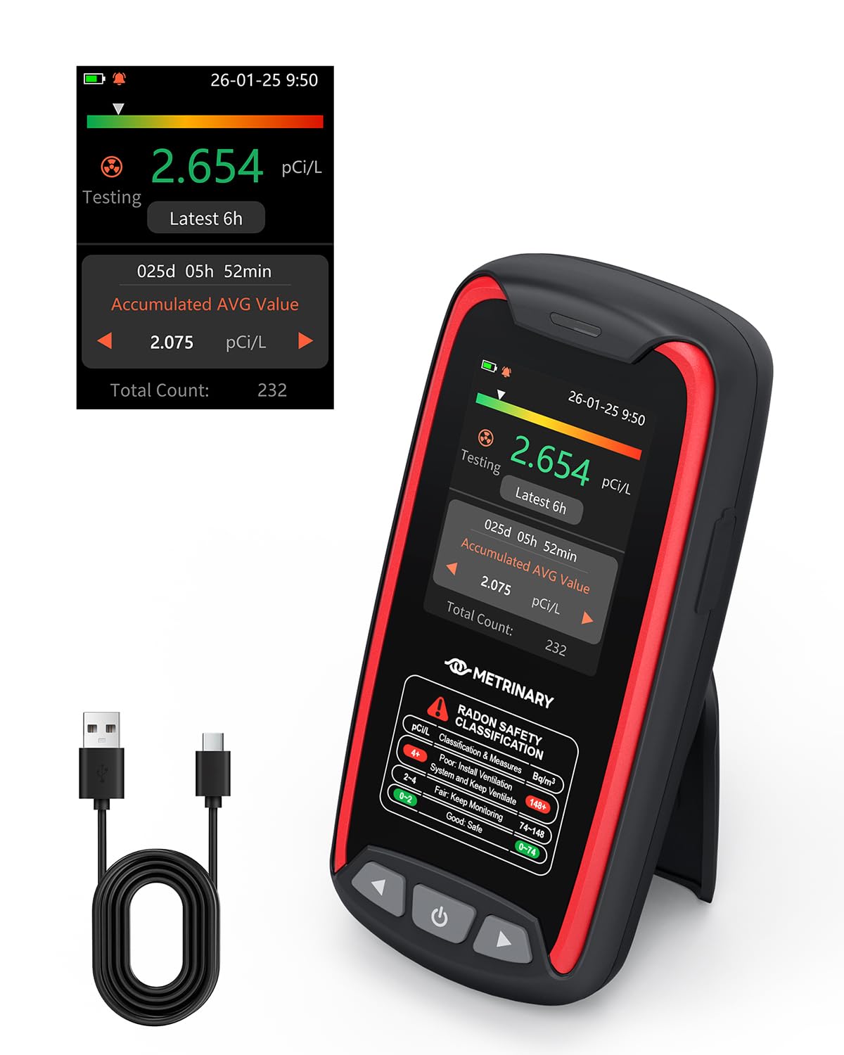 Radon Detector for Home, Portable Radon Monitor with TFT Color Display, Long-Term 45-Day Data Storage, USB-C Rechargeable Radon Tester with Audible and Visual Alarm (pCi/L or Bq/m³)-image-12