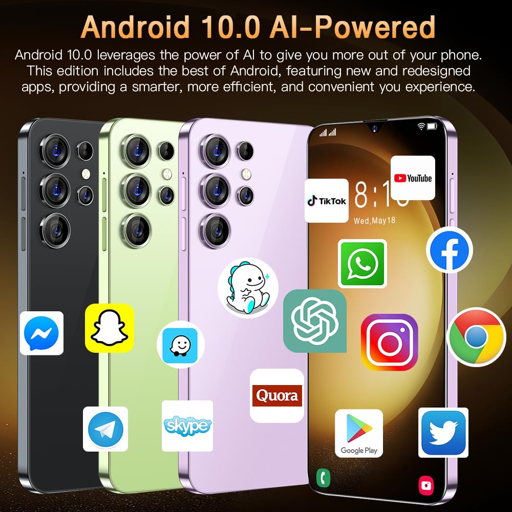 McMgc S25Ultra Téléphone Portable Pas Cher Android, écran 6,5 Pouces HD, 16Go (SD 128Go), 3 Fentes (Double SIM+SD), Batterie 5000mAh, Caméras 8MP+13MP, Déverrouillage Facial (Light Purple)