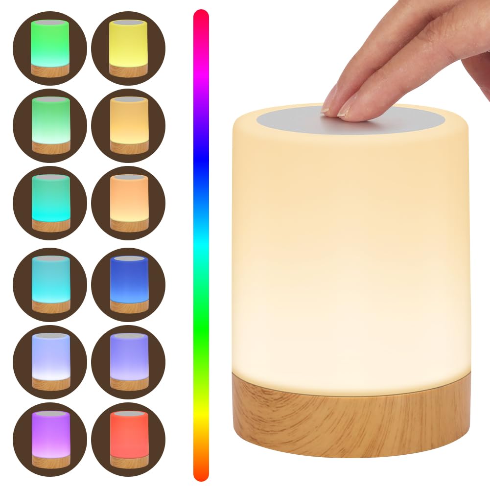 Adiwo Night Light, LED Touch Bedside Chargeable Table Lamp, with Remote Control, 13 RGB Color Changing Modes, 5 Brightness Levels, 4 Timing Function, for Bedroom, Kids Rooms, Living Room, Camping