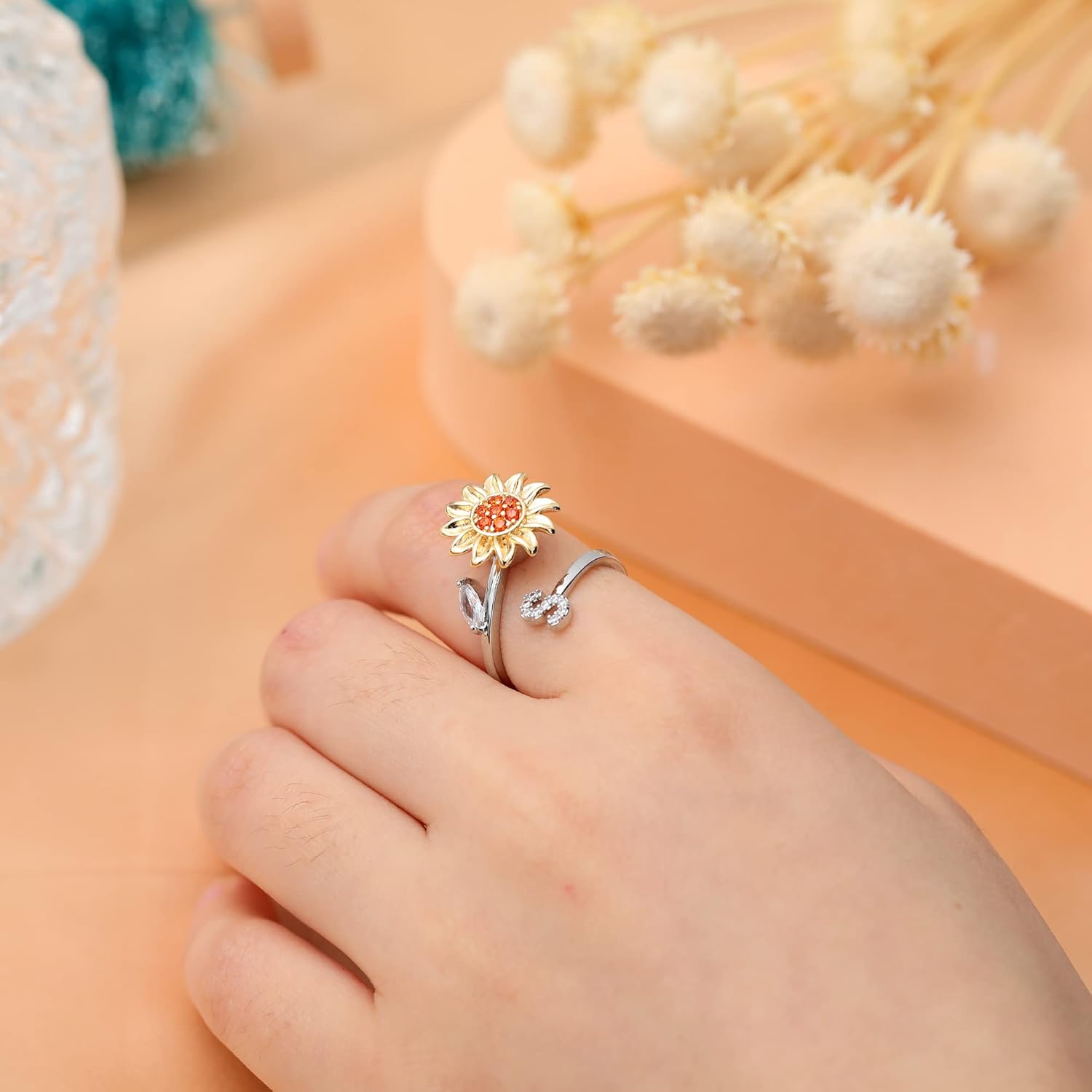 WFYOU Fidget Rings for Anxiety for Women Sunflower Initial Letter Spinner Open Adjustable Ring CZ Daisy Stress Relieving Rings Jewelry Gift for Women Valentine's Day You are My Sunshine Ring - Image 4