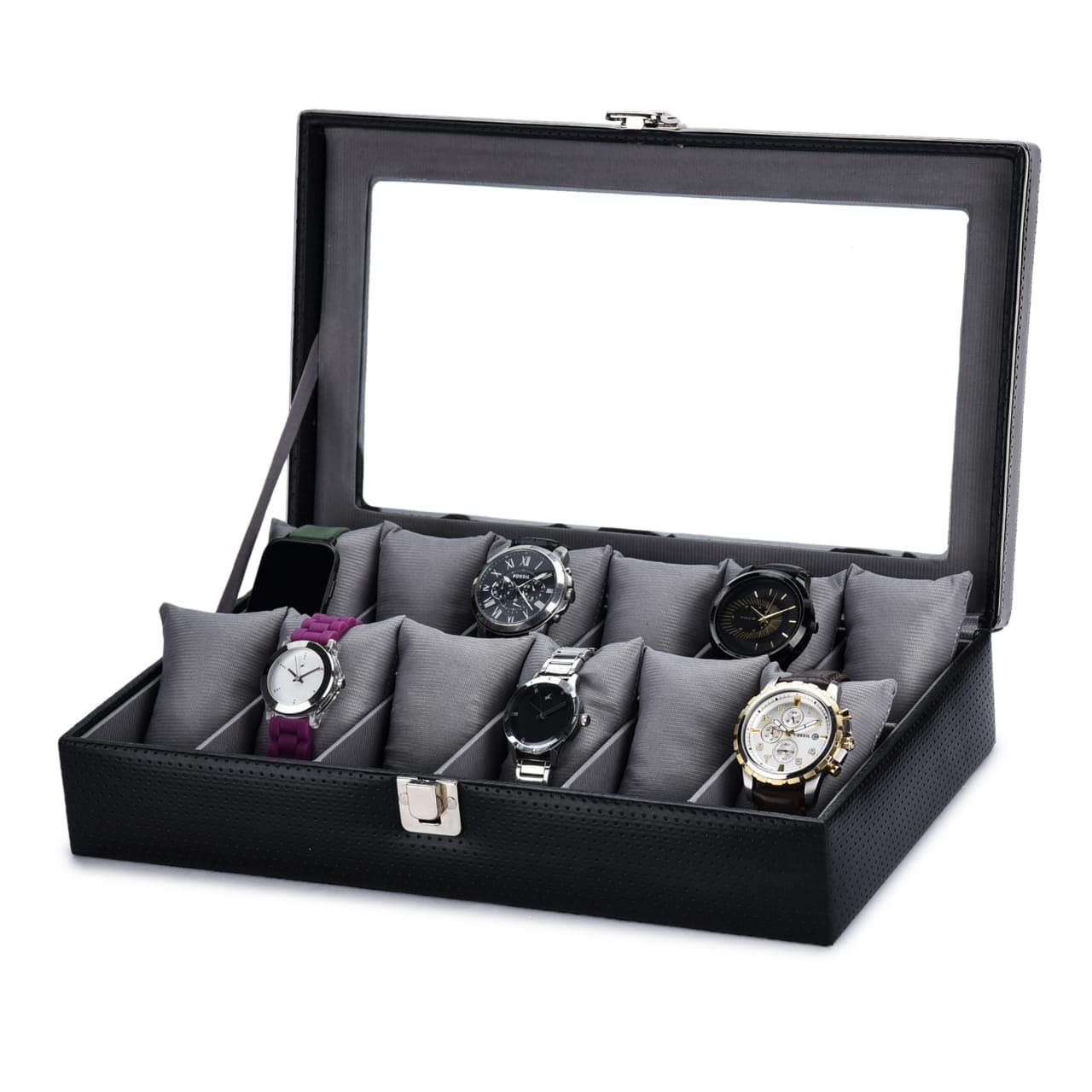 ZENWOOD Leatherette 12 slot wrist Watch Storage Box Case for men & women in Black Grey Color (B0CKTTDGS7) Amazon Price History, Amazon Price Tracker