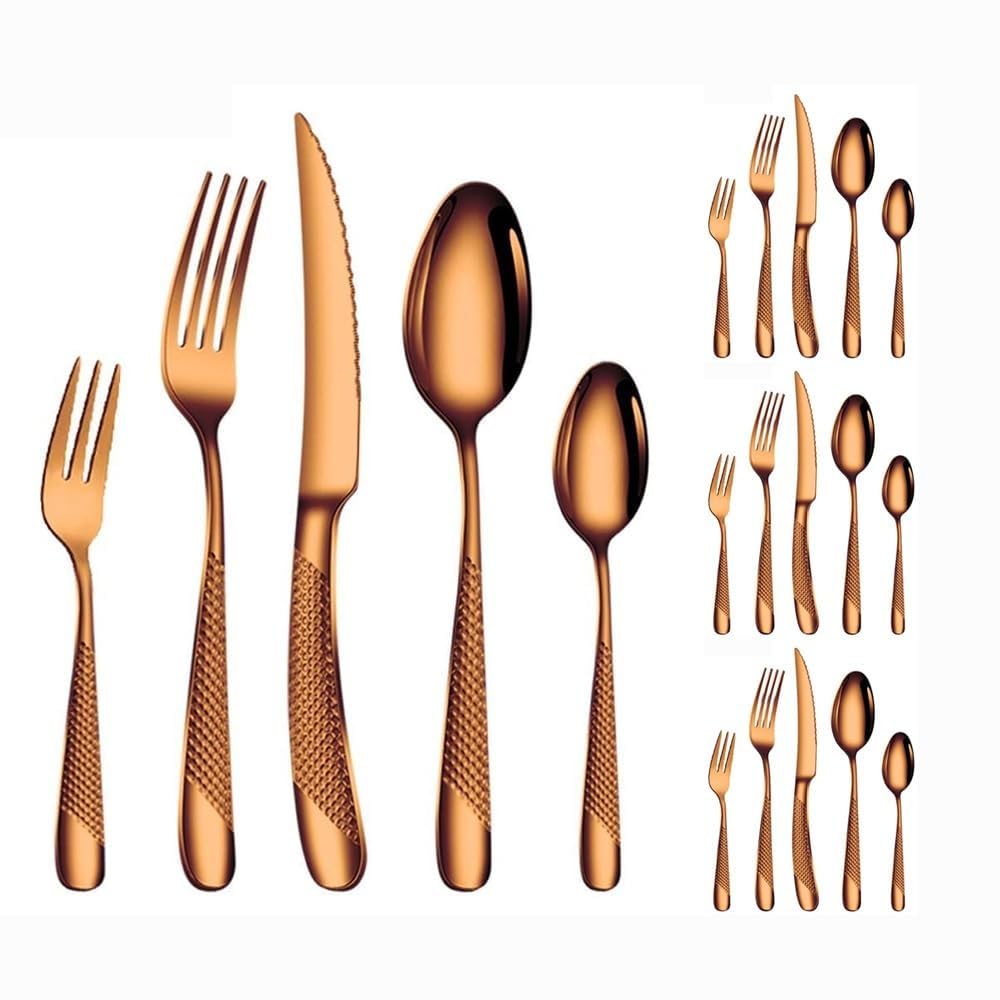 Stella Diamante Manico Cucina Acciaio Inossidabile Posate Stoviglie Posate Set Coltello Bistecca Forchetta Cucchiaio Cucchiaino (Oro rosa,20 pezzi)