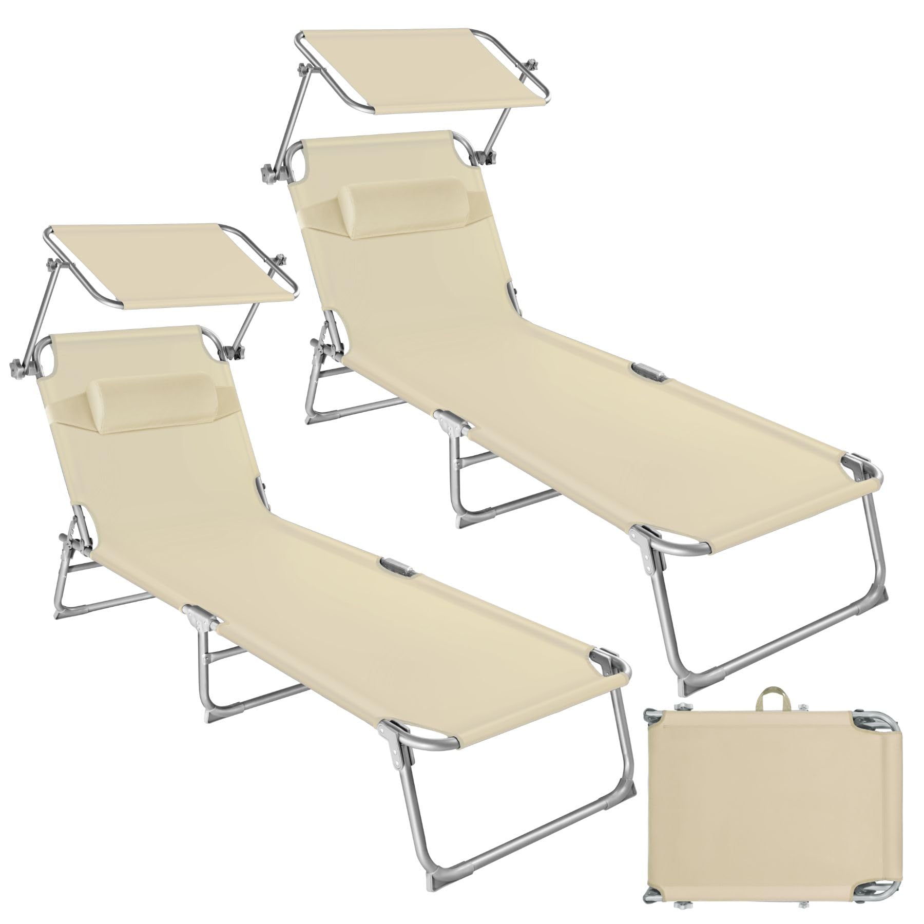tectake® Set de 2 Tumbonas Jardín Exterior con Parasol y Respaldo Regulables, Tumbona Plegable con Reposacabezas, Tumbona Playa Resistente a la Intemperie, Tumbona Piscina Carga Máx. 110 kg - beige