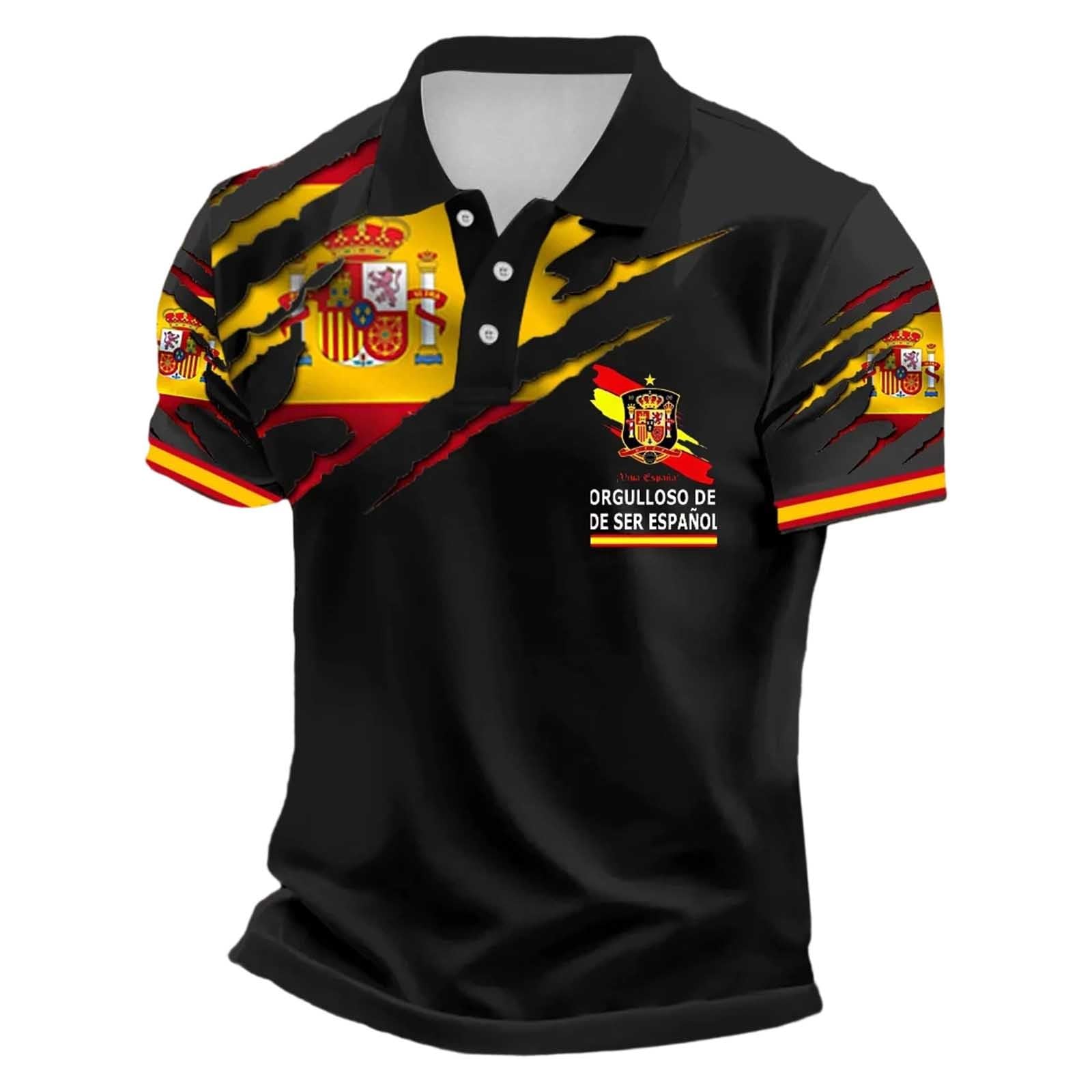 Camiseta de fútbol retro para hombre, manga corta, polo con diseño de bandera de España, de secado rápido, cómodo, transpirable, con botones, camisa hawaiana, cómoda camisa de verano para