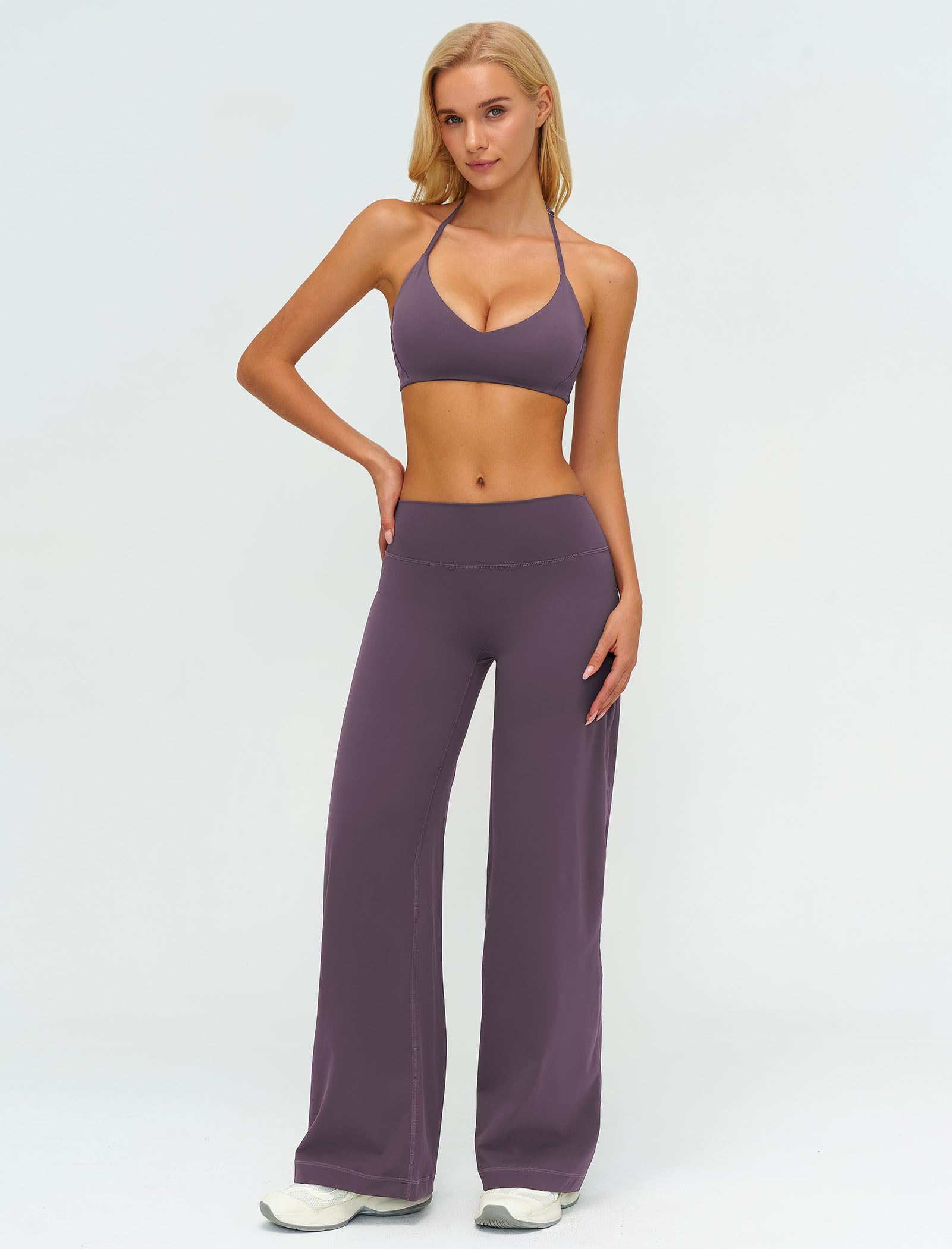 IDOPIP Sport-Set Damen Neckholder Zweiteiler: Rückenfrei Gym Set V-Ausschnitt Yogahose mit geradem Bein - Sportanzug für Fitness Yoga Pilates Workout