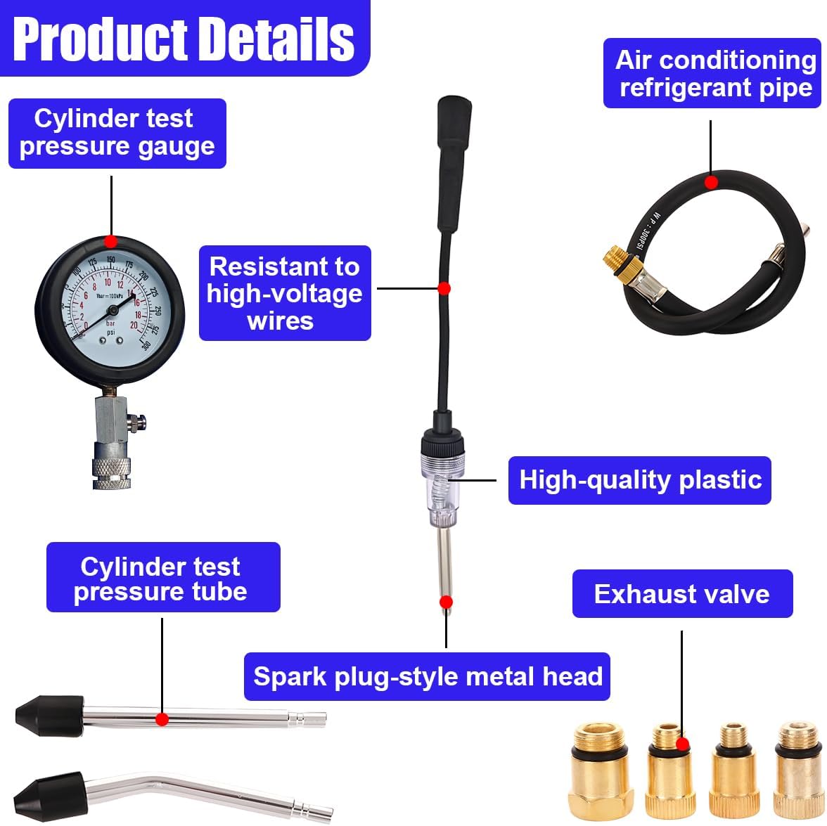 9PCS Petrol Engine Cylinder Compression Tester Kit with Spark Plug Tester, 0-20 Bar & 0-300 PSI Compression Gauge Car and Motorcycle Engine Testing Tool (Blue)