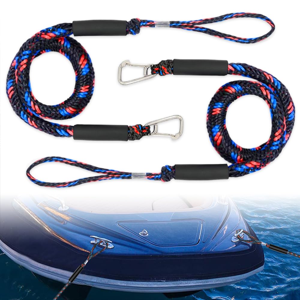 2 Pcs Cavi per Ormeggio barca, Bungee Dock Line con Gancio, Cravatta Elastica per Barche, Kayak, Pontone, Canoa (Nero + Blu + Rosso)
