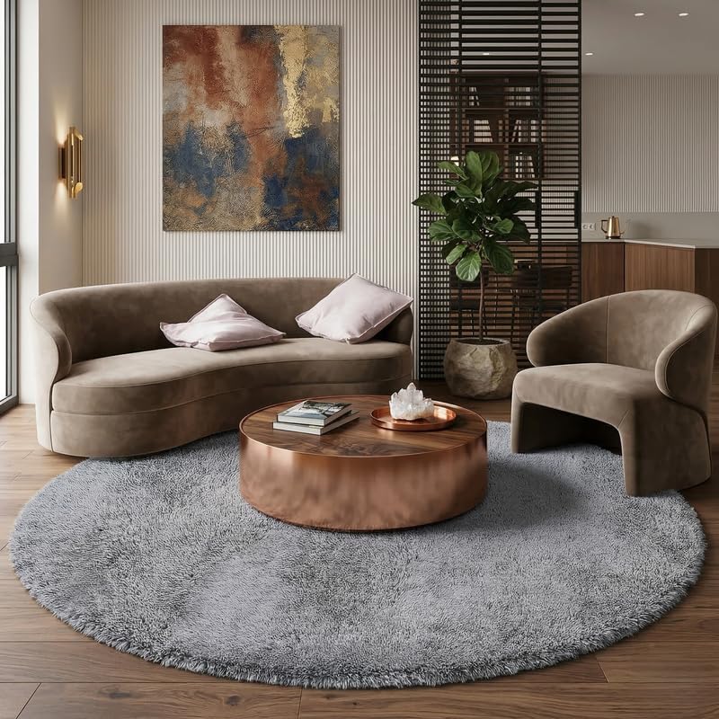 Image of Round Plain Fur Rugs Under Chair 4x4 Ft Anti-Skid Cushion Microfiber Grey X Color