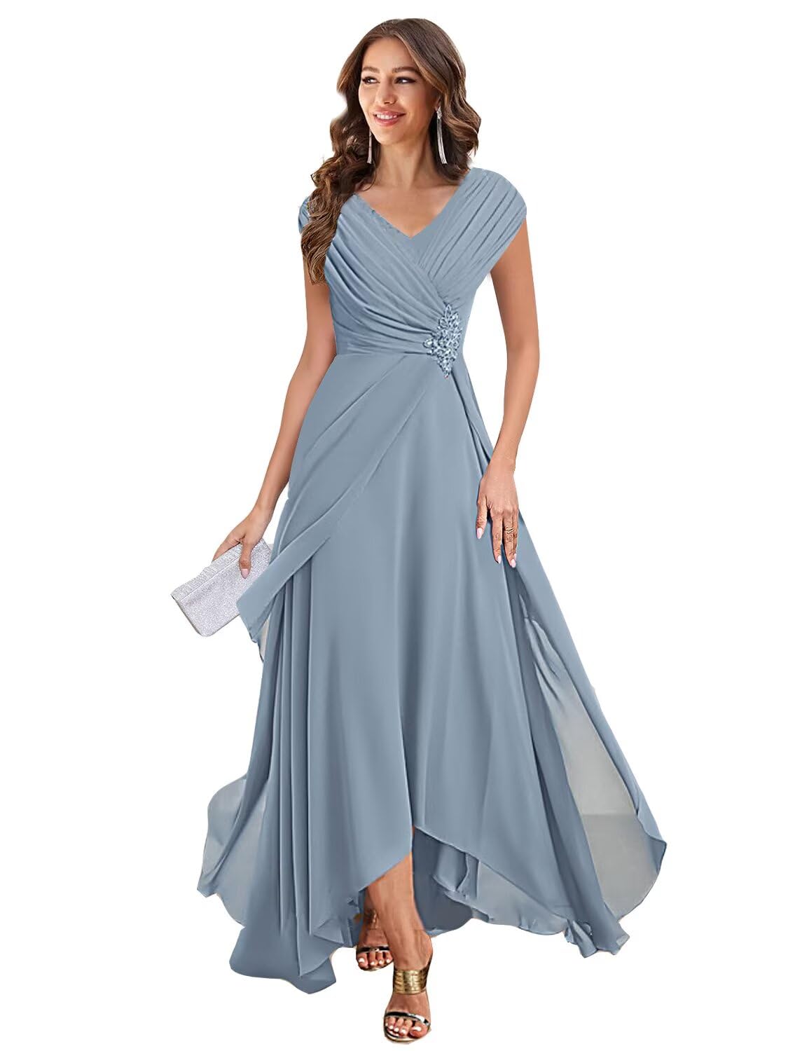 Womens V Neck Mother of The Bride Dresses Cap Sleeves Chiffon Pleated Mother Groom Dresses DK007