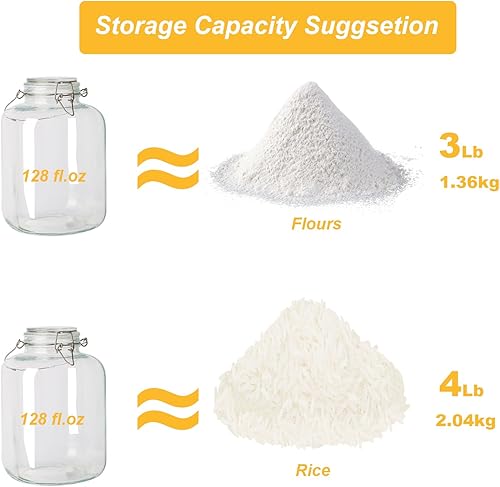 Miniatura 4 de Juego de 2 tarros de vidrio herméticos de 1 galón con tapas, recipientes de almacenamiento de vidrio extra grandes con asa para harina, cereales,
