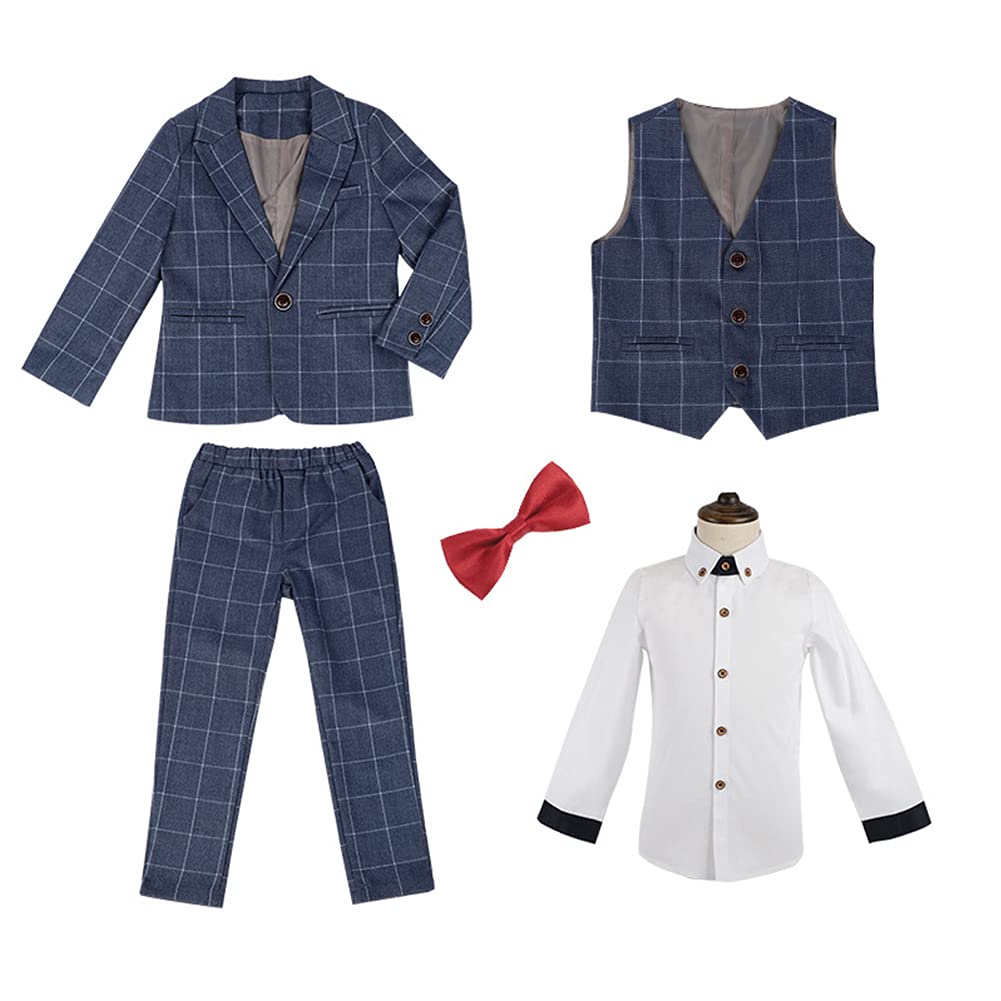 Traje de Boda para Niño,Clásico Trajes para Fiesta Ceremonia Traje de Esmoquin Traje de Graduación Elegante Conjunto de 5 Piezas de Traje Formal a Cuadros，Blazers+Chaleco+Camisas+Pantalones+Corbata