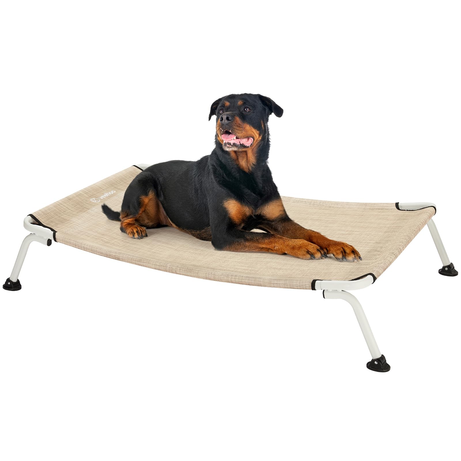 Veehoo Outdoor Elevated Dog Cot, Curved Raised Cooling Dog Cots Bed Off Ground Portable Lifted Pet Hammock Bed Cot with Breathable Teslin Mesh for Indoor Outdoor, up to 150lbs, Beige 49