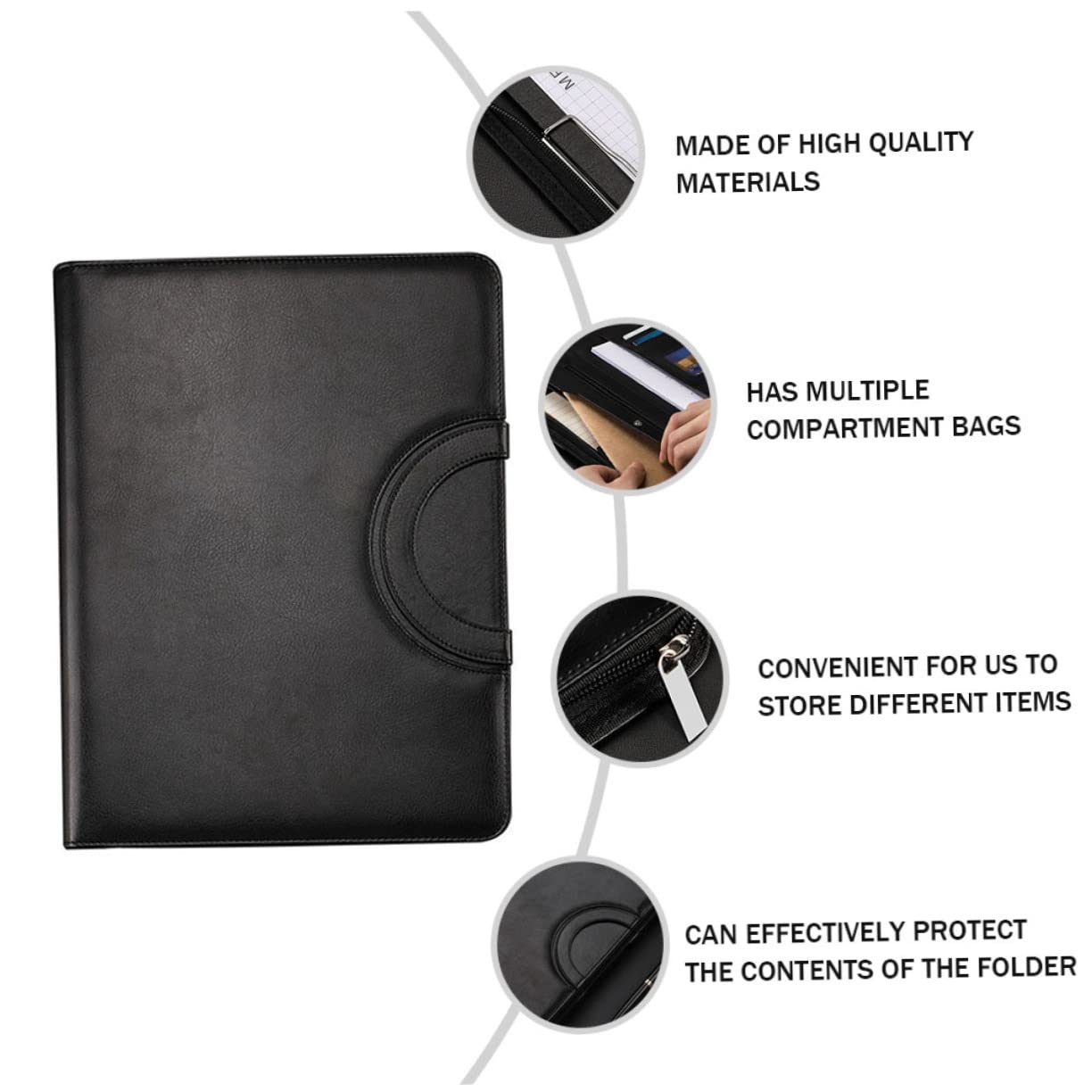 Portfolio Binder con Cerniera in Pu Nero Formato A4 con Tasche Multiple | Quaderno Porta Documenti, con Blocco Note A4 Incluso, Pratico per Contenere e Proteggere Documenti