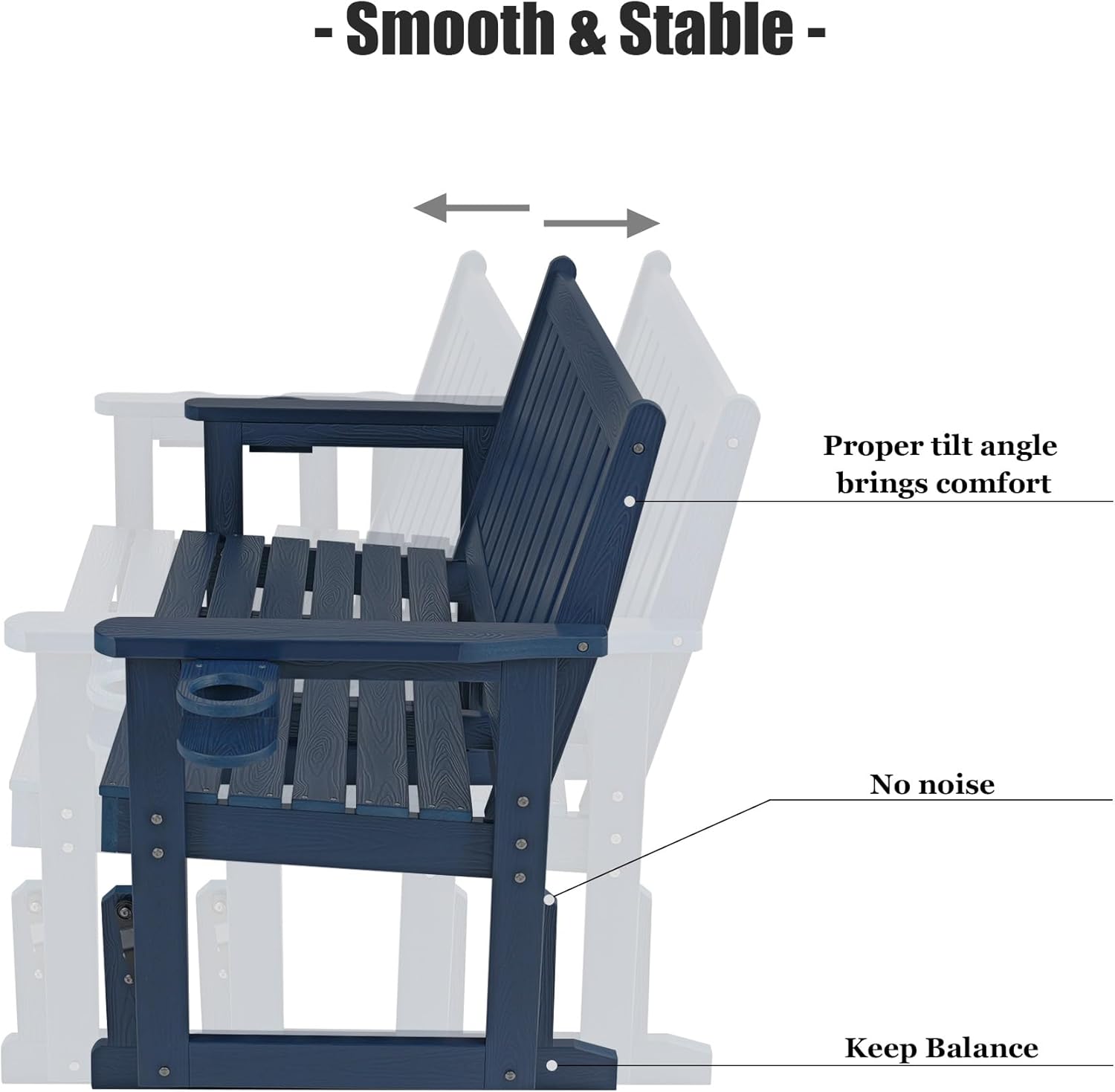 Poly Lumber Patio Glider, Durable HIPS Material, Weather-Resistant Swing Bench for Outdoor Porch Garden (Navy Blue, 2-Seater)