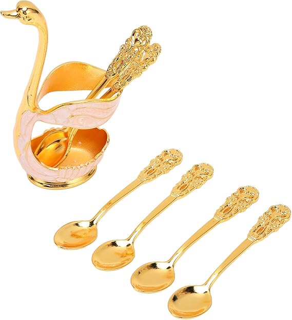6Pcs Aluminum Coffee Spoon Set with Swan Base Holder Swan Base Holder Spoon