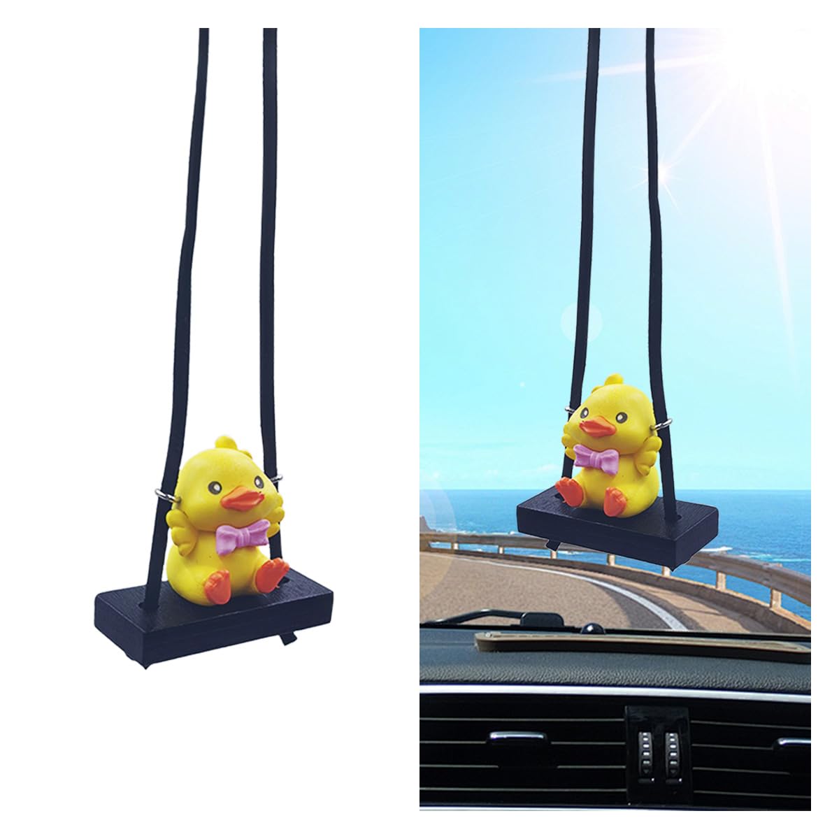 Swinging Duck Car Hanging Ornament, Cute Rearview Mirror Hanging Accessory, Car Interior Rear View Mirror Charm, Car Pendant Aesthetic Decoration Present for Women, Men, Kids (Pink Bowknot)