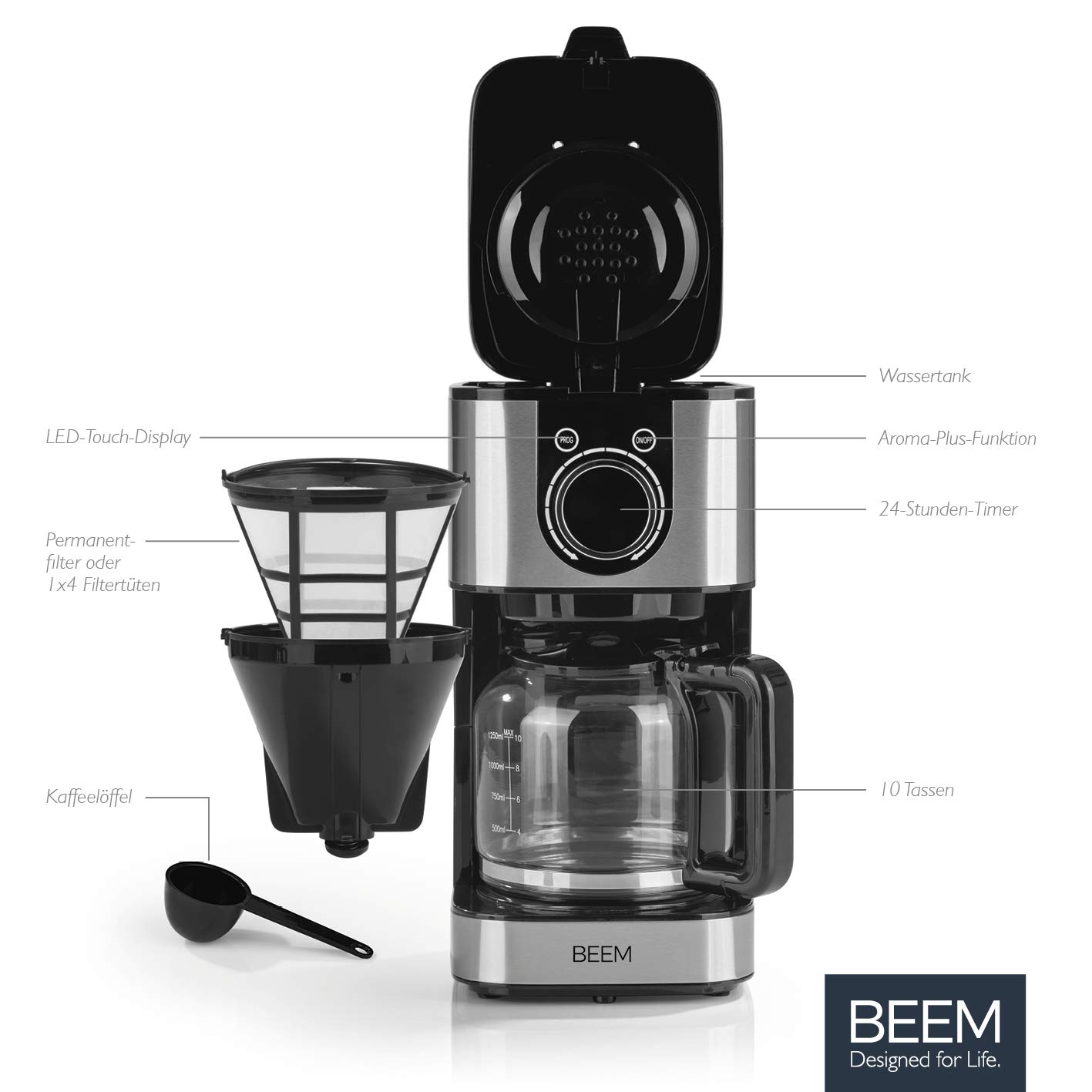 BEEM FRESH-AROMA-SWITCH cafetera de filtro - vidrio | acero inoxidable | jarra de vidrio de 1,25 l | elegante rueda de control | temporizador de 24 horas | 800 W | para 4-8 tazas