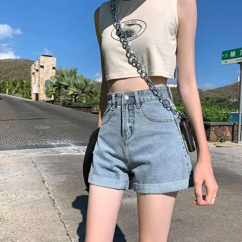 Pantalones cortos de mezclilla para mujer, de verano, cintura alta, sueltos, gris, S