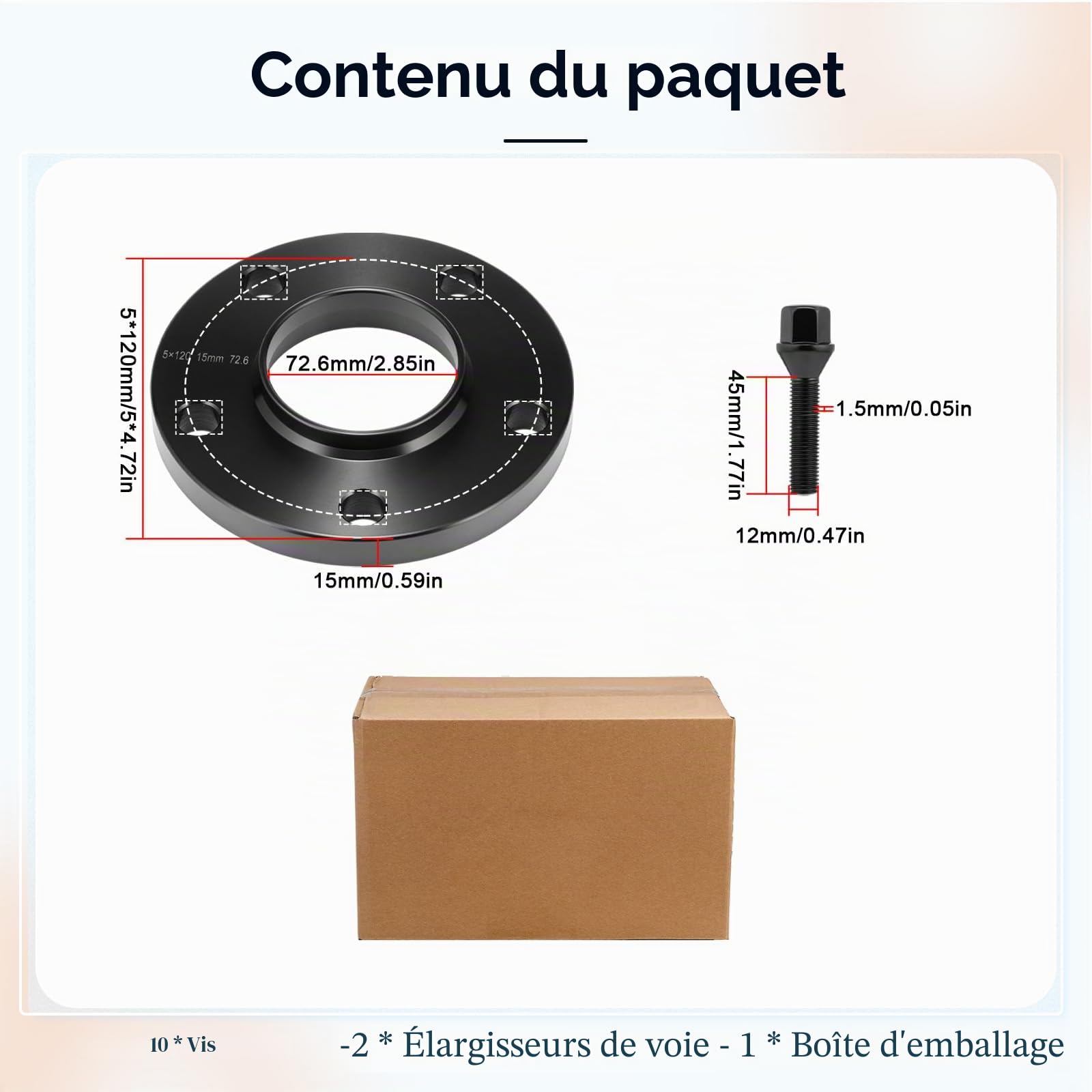 GEARMONSTER Lot de 10 élargisseurs de voie 2 x 15 mm LK: 5 x 120 mm NLB:72.6 avec 10 boulons de roue M12 x 1,5 mm 45 mm pour BMW E46 E60 E92 | Lot de 2 disques d'espacement LK 5 x 120, NLB 72,6 mm, avec 10 vis coniques M12 x 1,5 x 45 mm, plaques de guidag