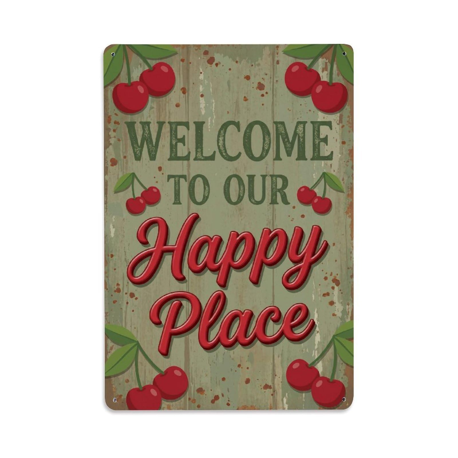 Welcome To Our Happy Place Cherry Garden Metal Tin Sign Plaque Wall Decor for Cafe, Club Bar, Office, Home Garden Metal Poster 8x12Inch