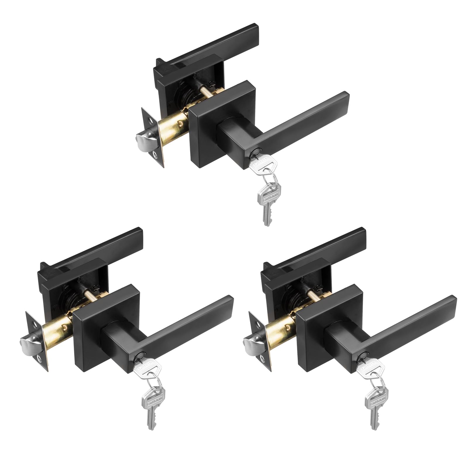 Matte Black Door Handle,Entry Door Lever for Bedroom,Exterior and Interior Door Knob with Lock(3 Pack Same Keys)