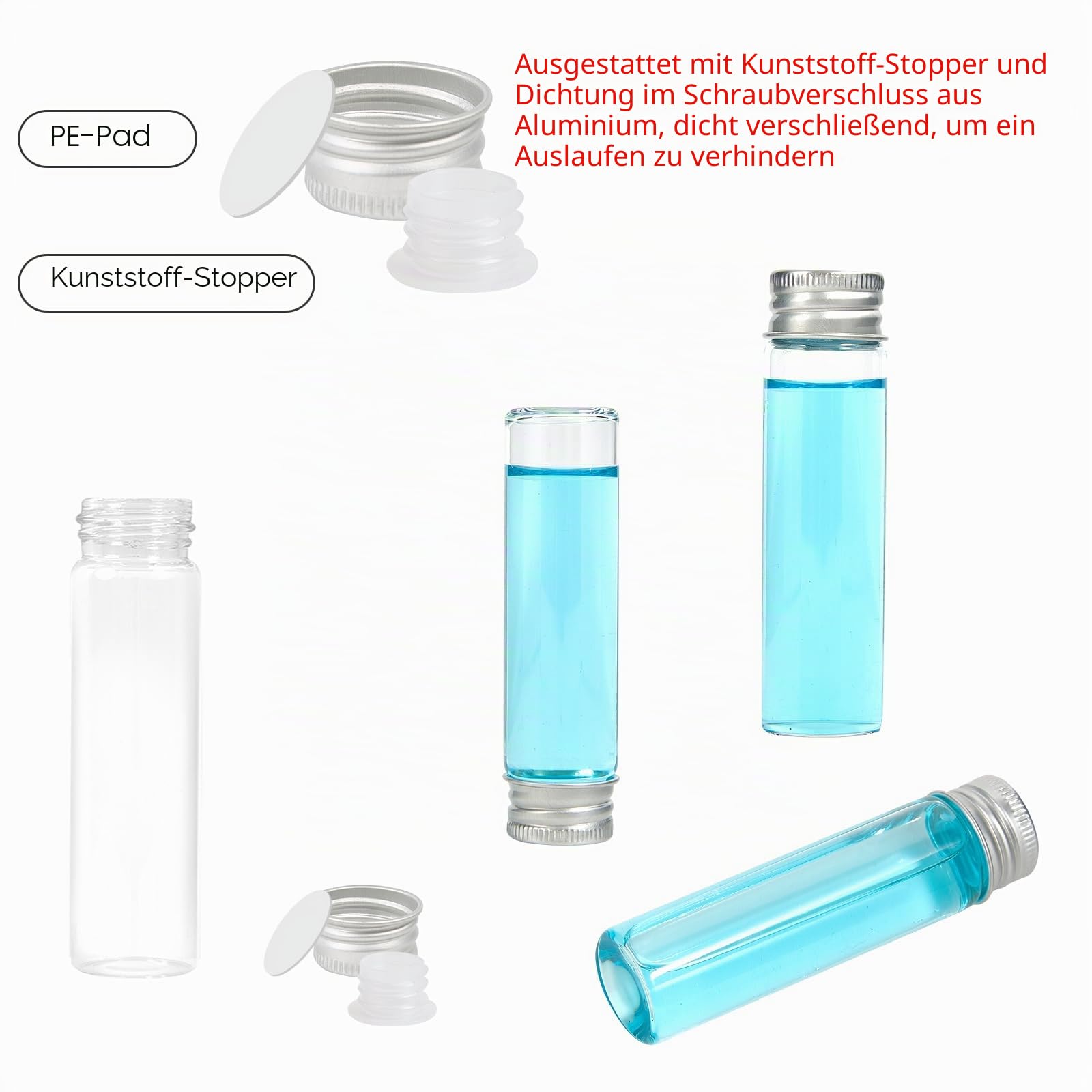 20ml Glasfläschchen mit Schraubverschluss und Kunststoffstopfen, Transparent Kleine Glasflaschen Auslaufsichere Glas Fläschchen für Flüssigkeit Pulver Proben und kleinen Gegenständen, 50 Stück