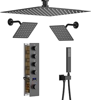 Shower Faucet Set Matte Black Shower System with 12 inch Ceiling Mounted Shower Head and Dual 8 inch Wall Mounted Shower Head, Digital Display Shower Fixtures with Handheld Spray