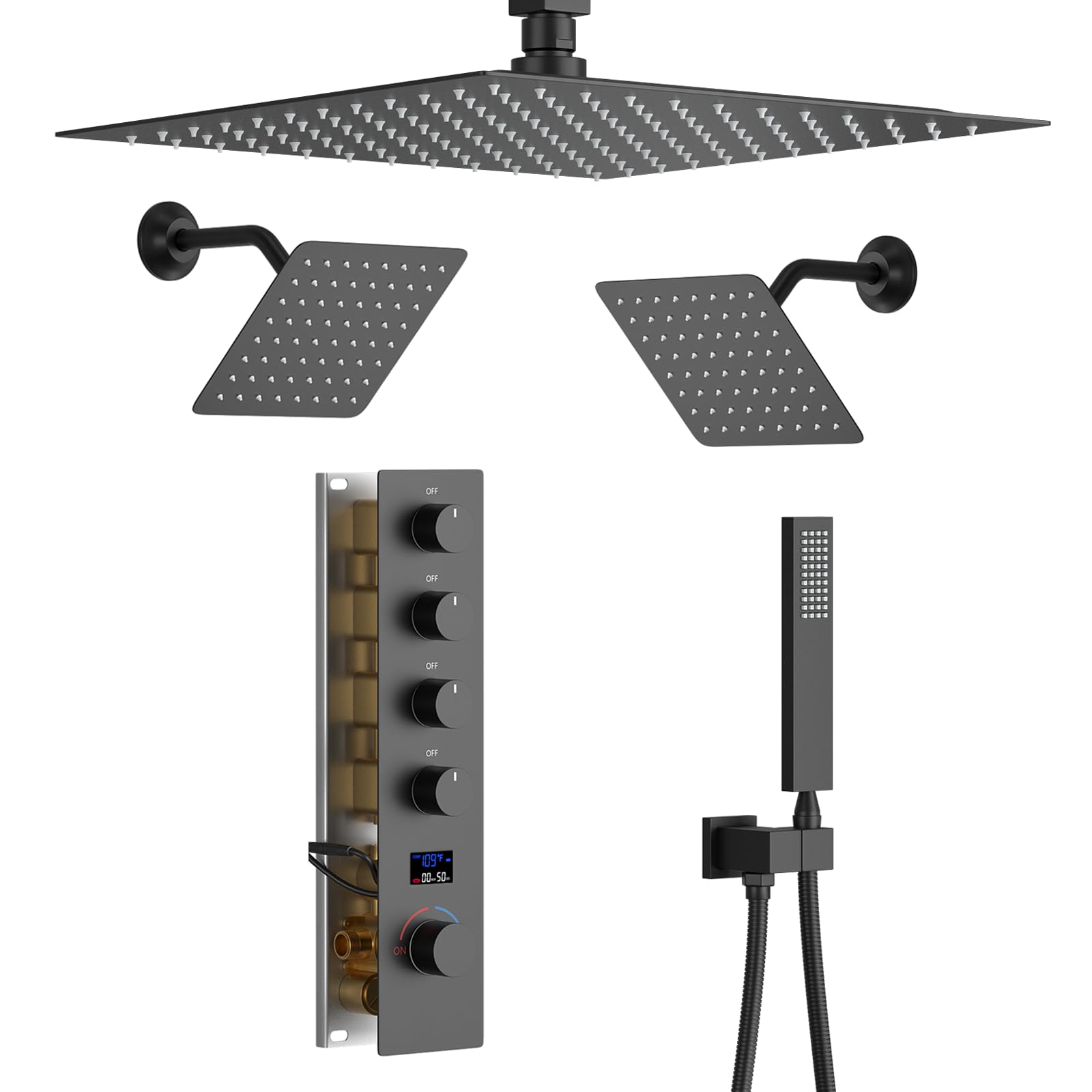Shower Faucet Set Matte Black Shower System with 12 inch Ceiling Mounted Shower Head and Dual 8 inch Wall Mounted Shower Head, Digital Display Shower Fixtures with Handheld Spray