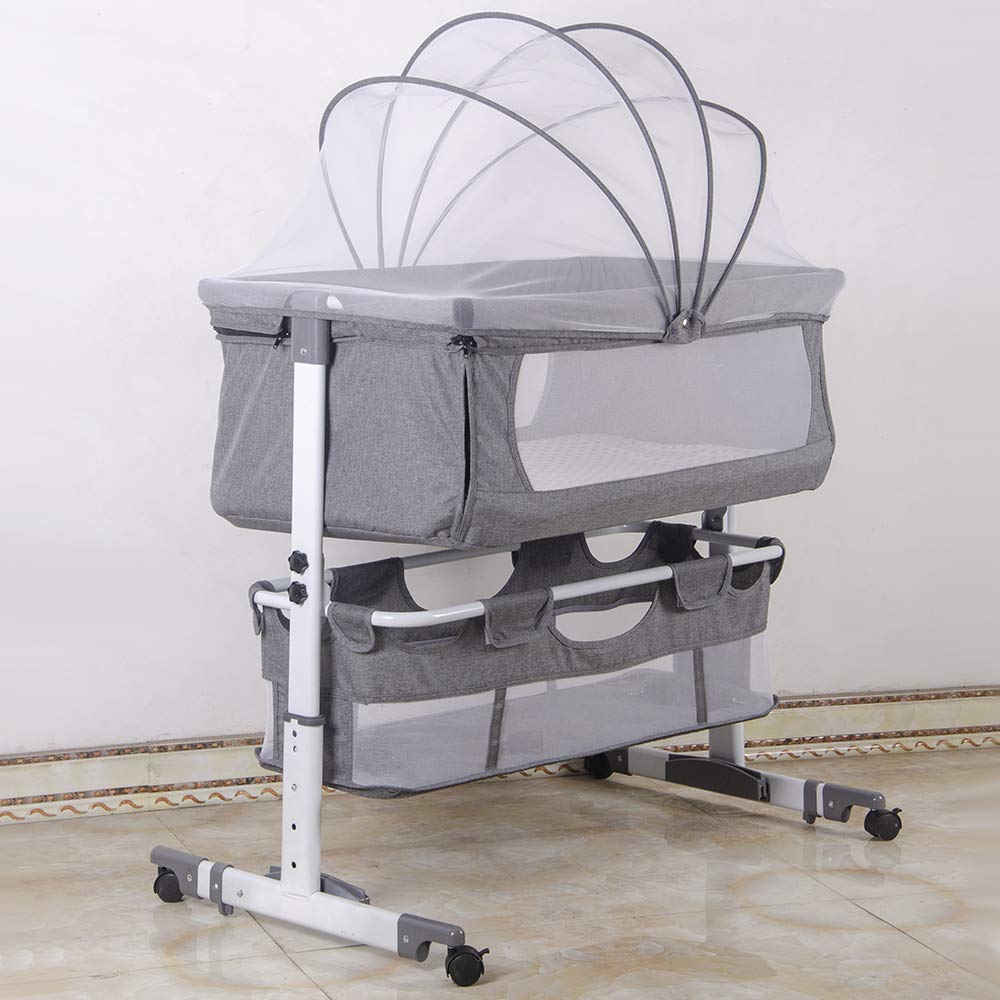 Culla Co-sleeping con materasso e zanzariera 2 in 1 Lettino Co-sleeping per neonati da 1 a 36 mesi (92 * 58 * 70-87cm, Grigio)