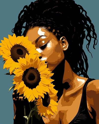Pintura por números, girasoles afroamericanos, kit de pintura acrílica por números, para niños, adultos, principiantes, niñas negras, pintura en